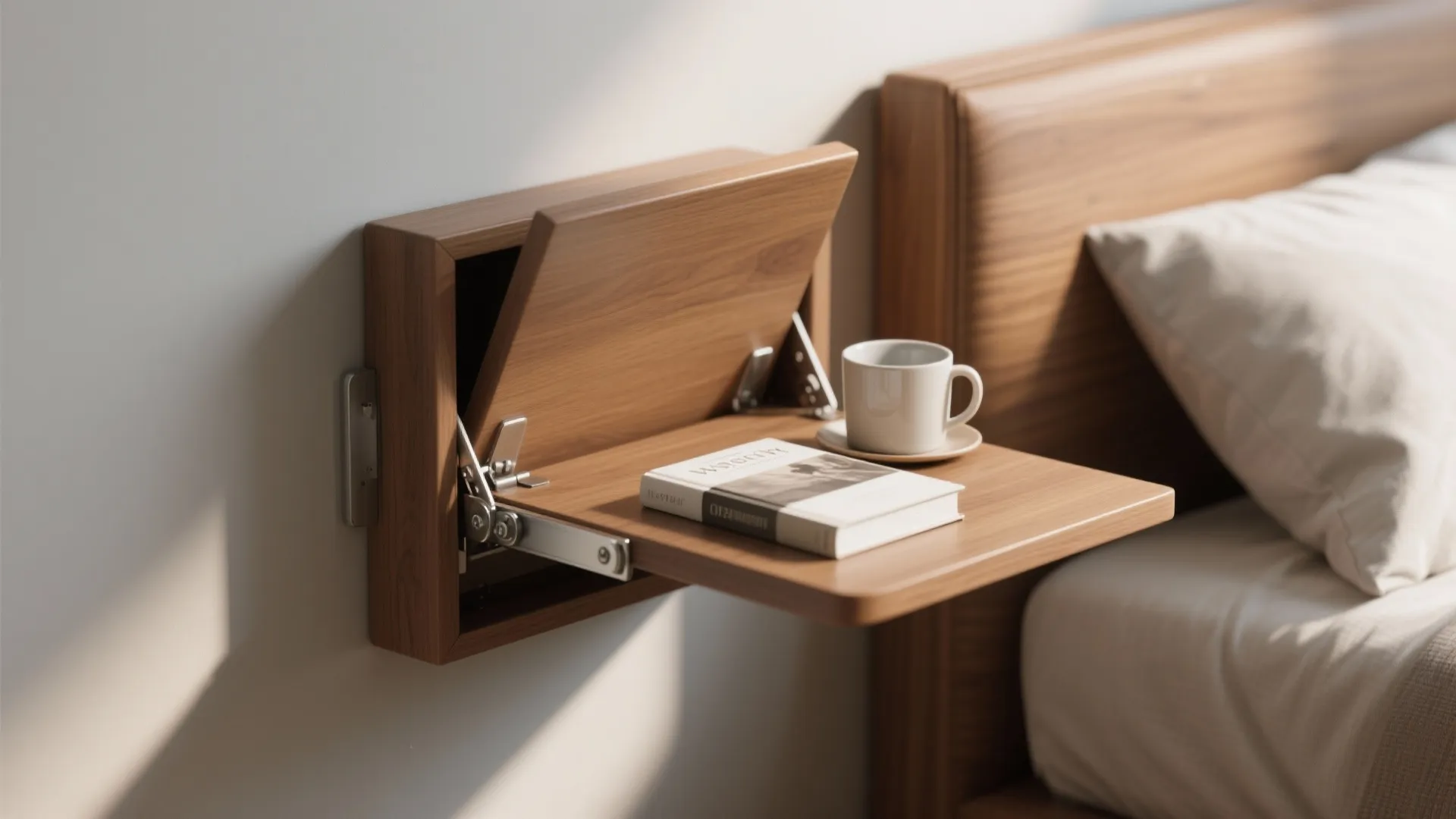 Wall mounted wooden folding table next to bed with a coffee cup and small book
