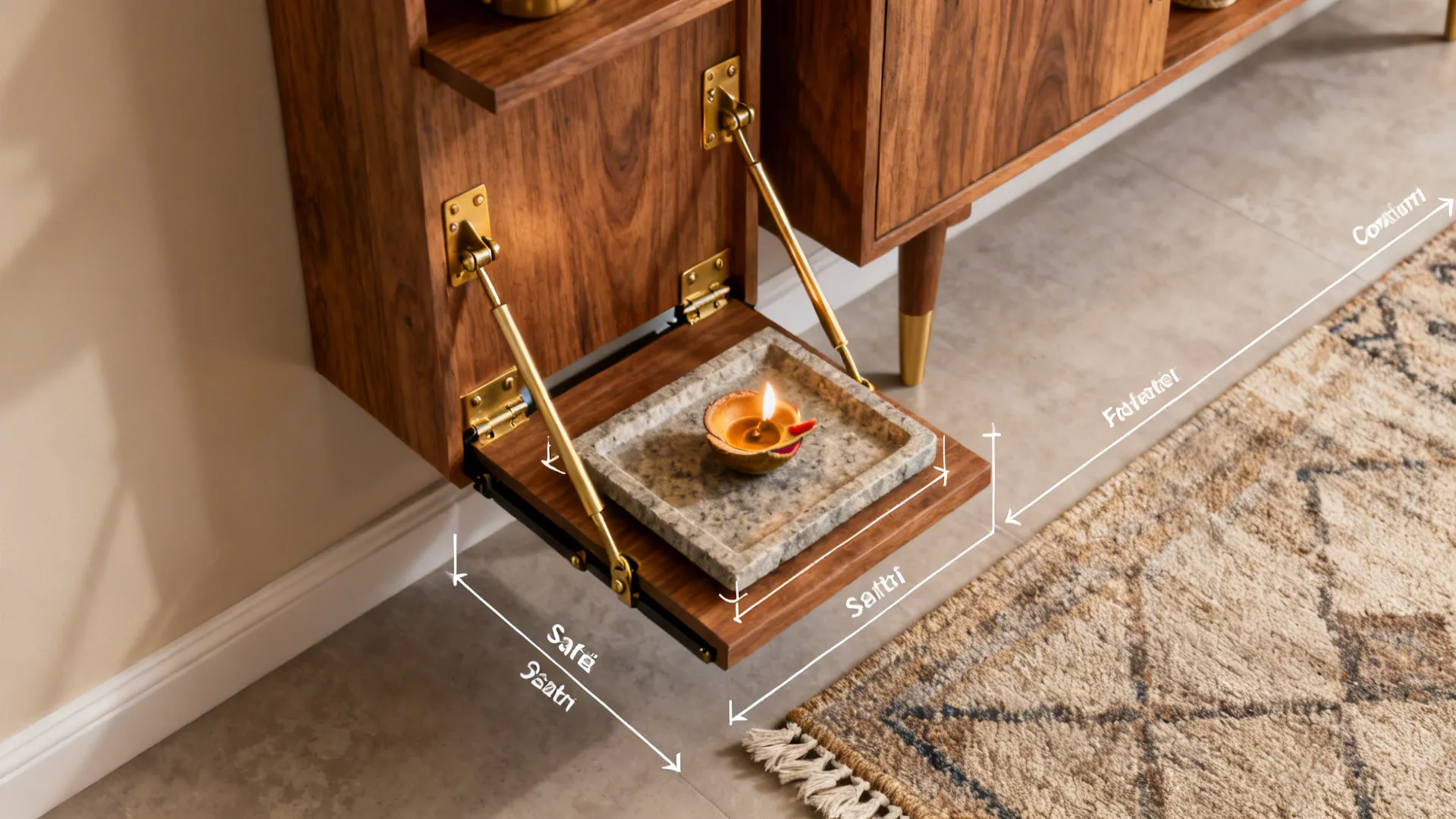 Top-down view showing fold-down shelf mechanics and safe clearances for a corner pooja.