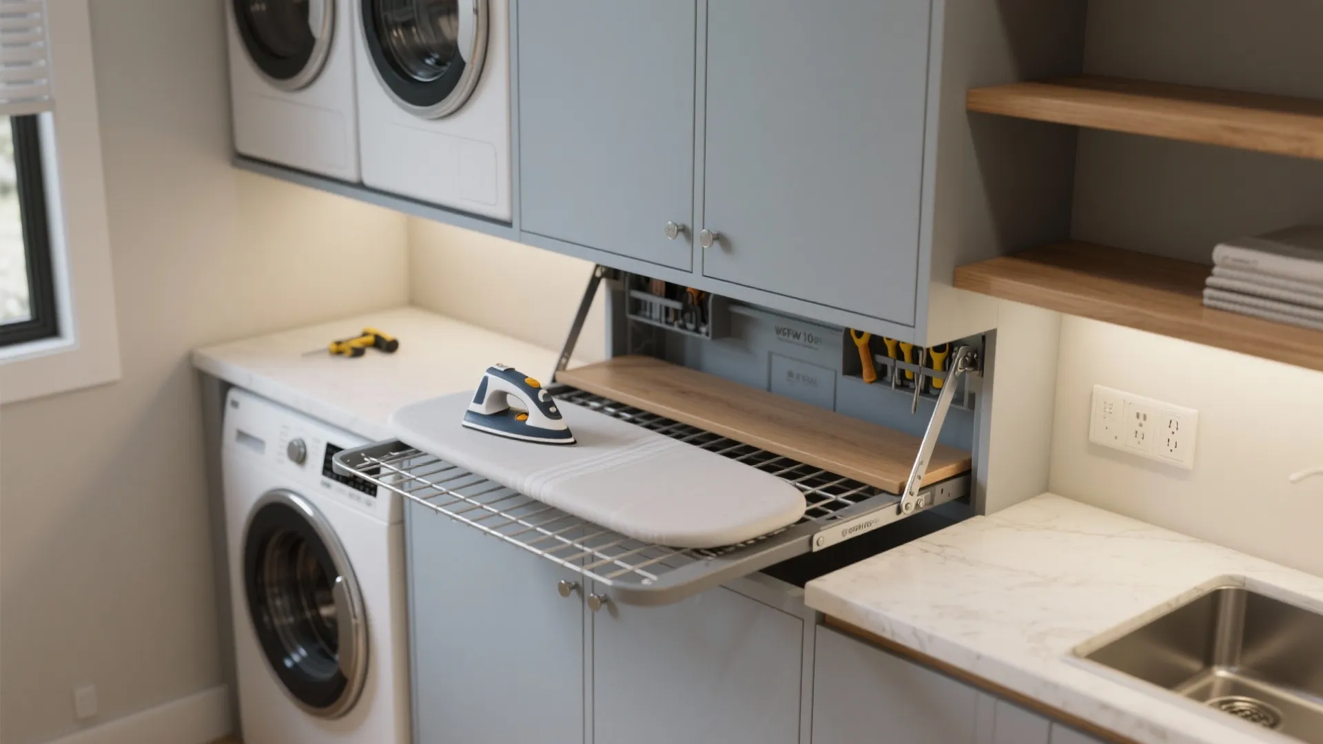 Modern laundry room with washing machine and a space saving fold down ironing board system