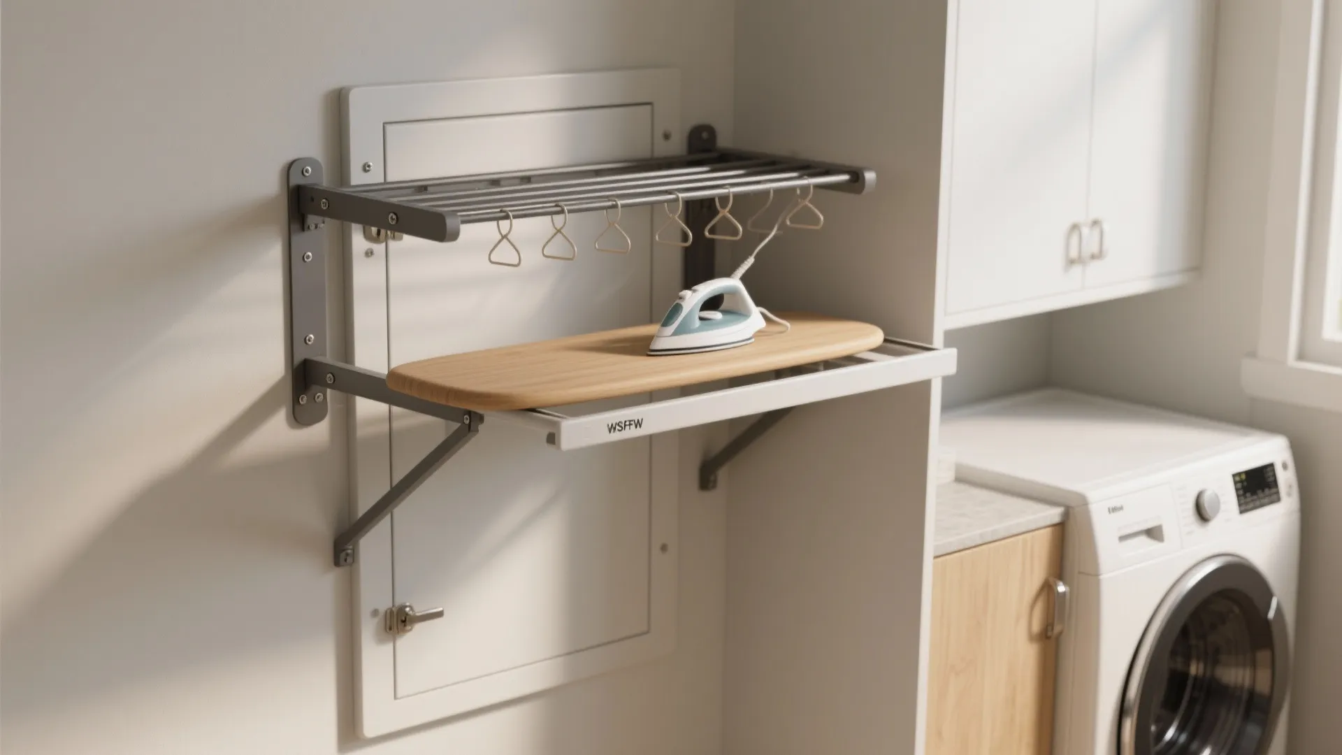 Wall mounted drying rack with hangers and small ironing board next to white laundry room cabinets