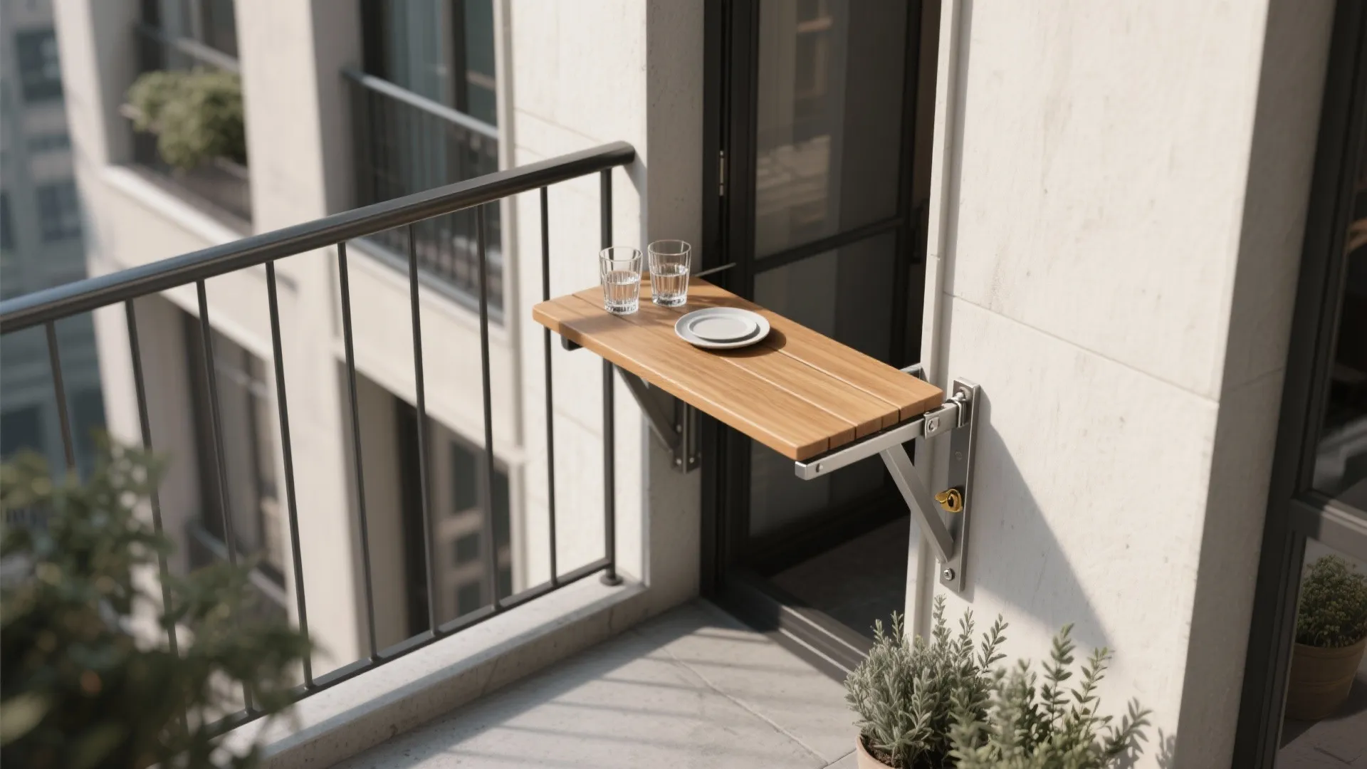 Small wooden folding table attached to balcony railing with glasses of water and white plate
