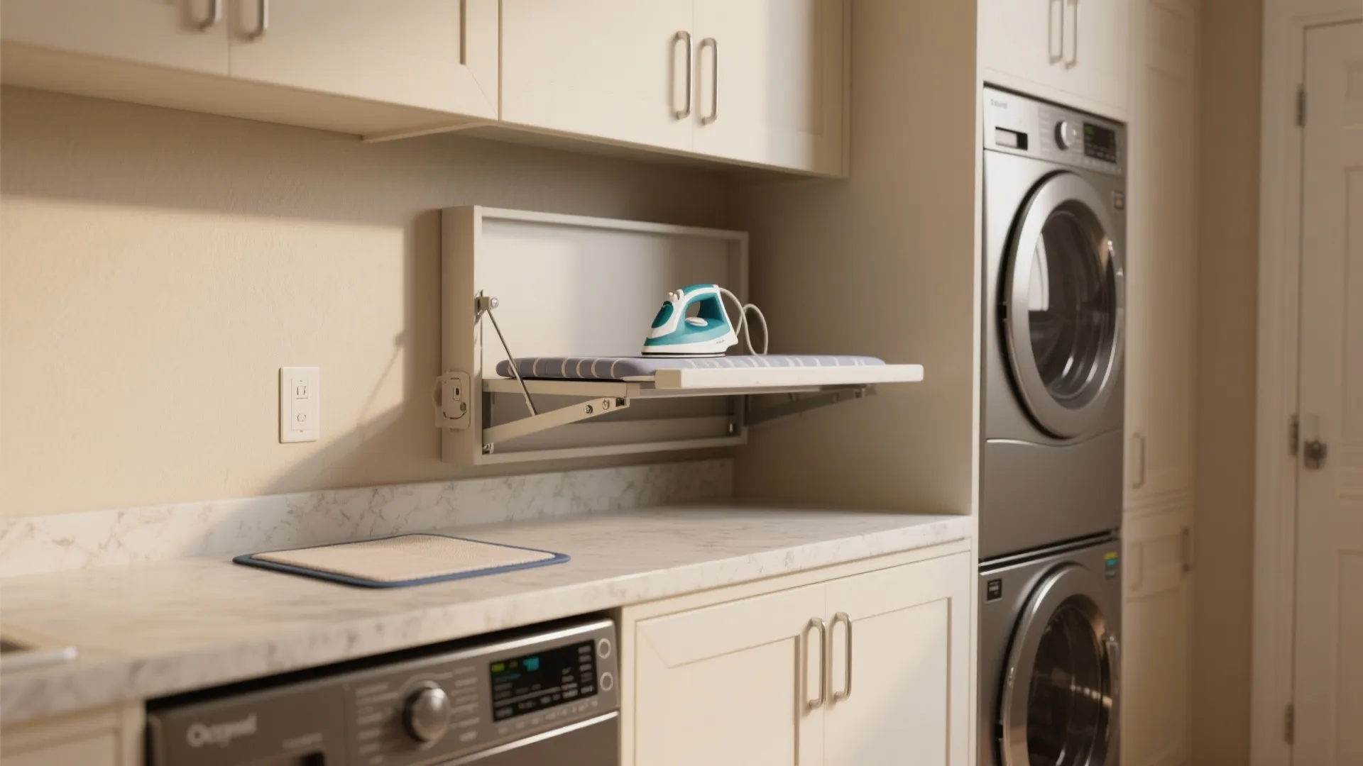 Wall mounted folding ironing board with iron beside stacked silver washing machine and white cabinets
