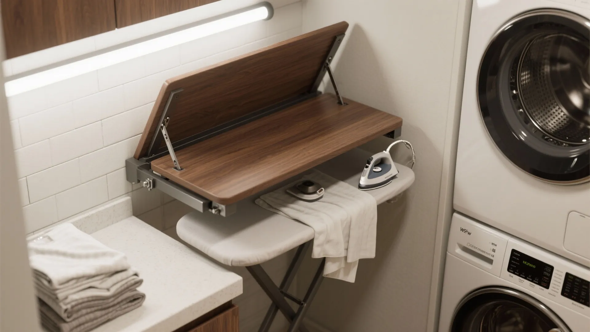 Wall mounted wooden folding table over an ironing board next to a white stacked washing machine