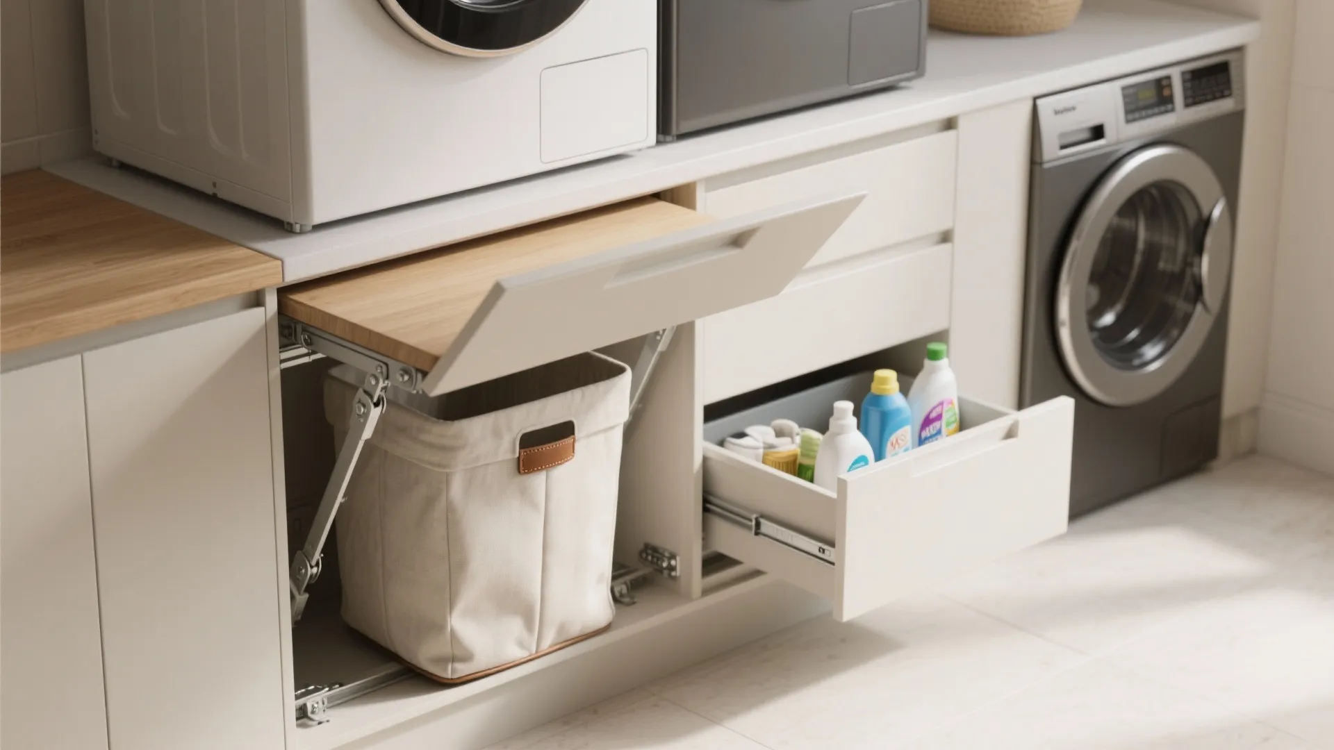 2. Fold-down folding station with hidden hamper