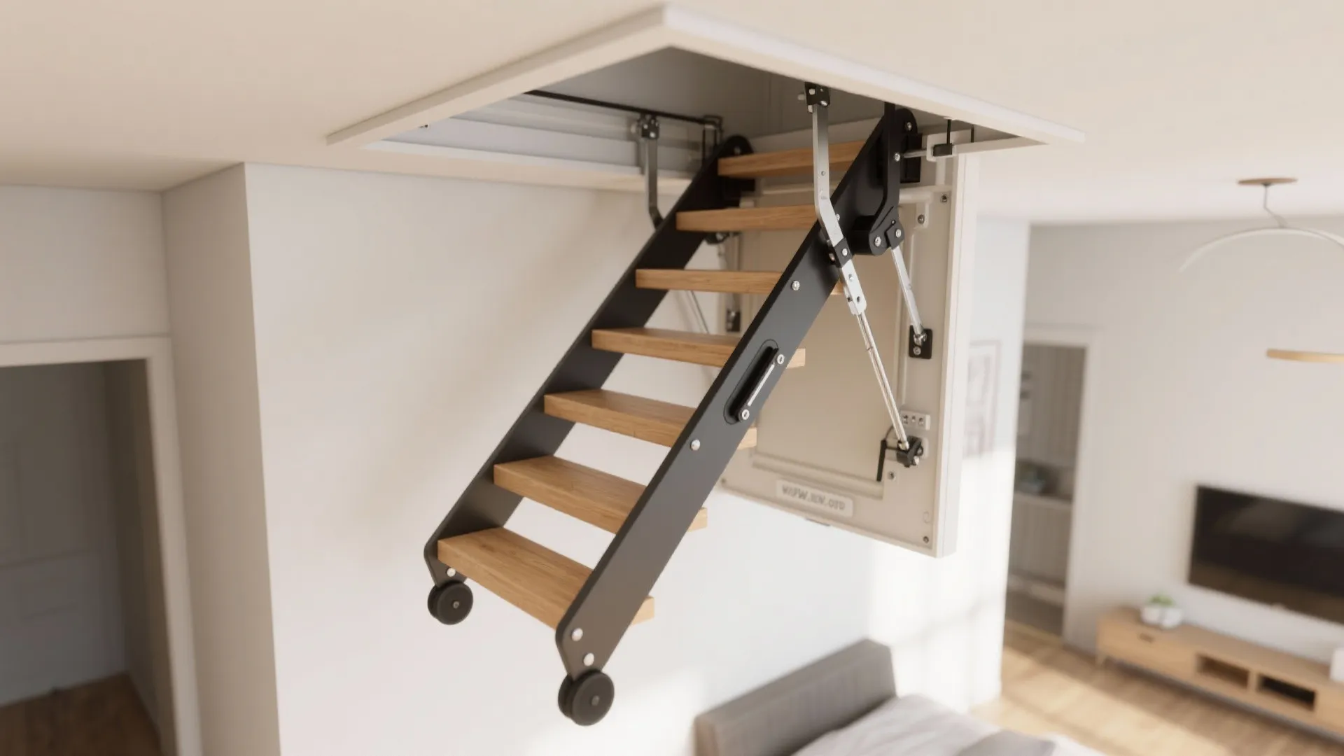 Retractable wooden attic ladder unfolding from the ceiling into a modern minimalist living room area