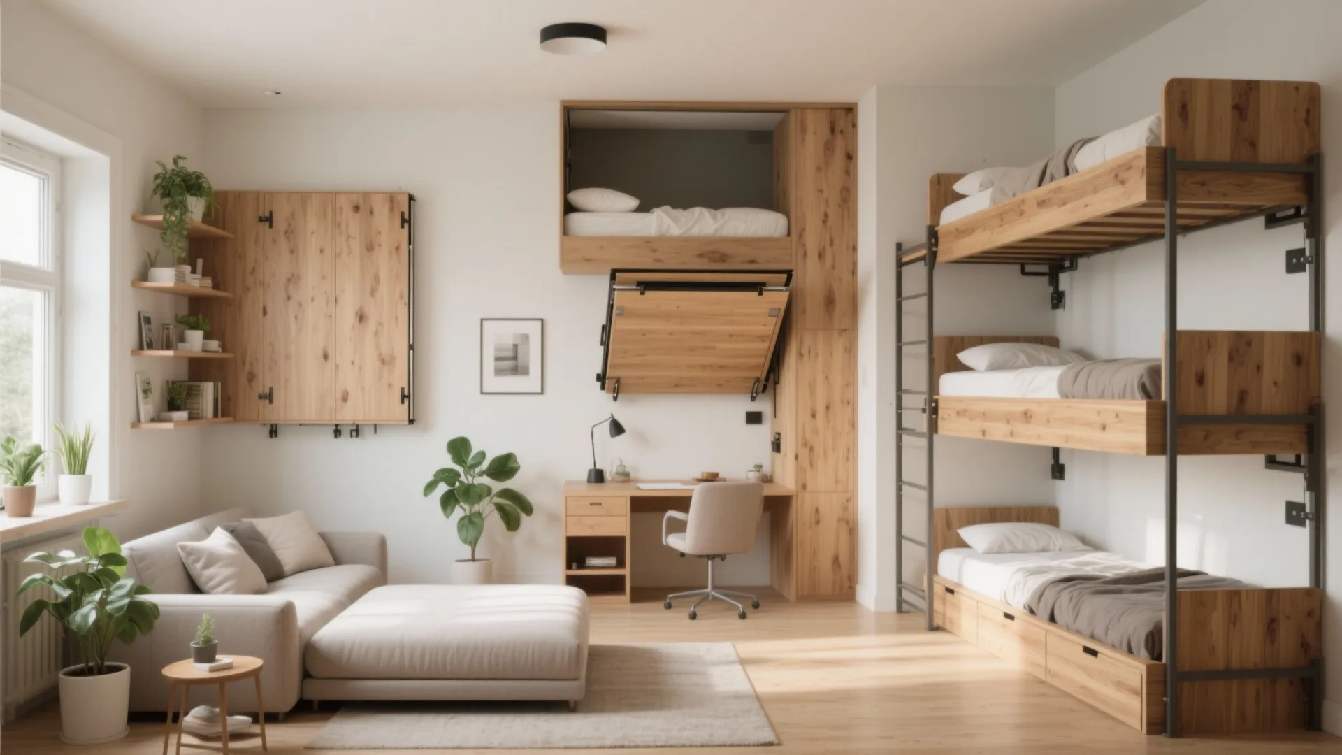Modern studio room with wooden bunk beds a grey sofa work desk and wall storage