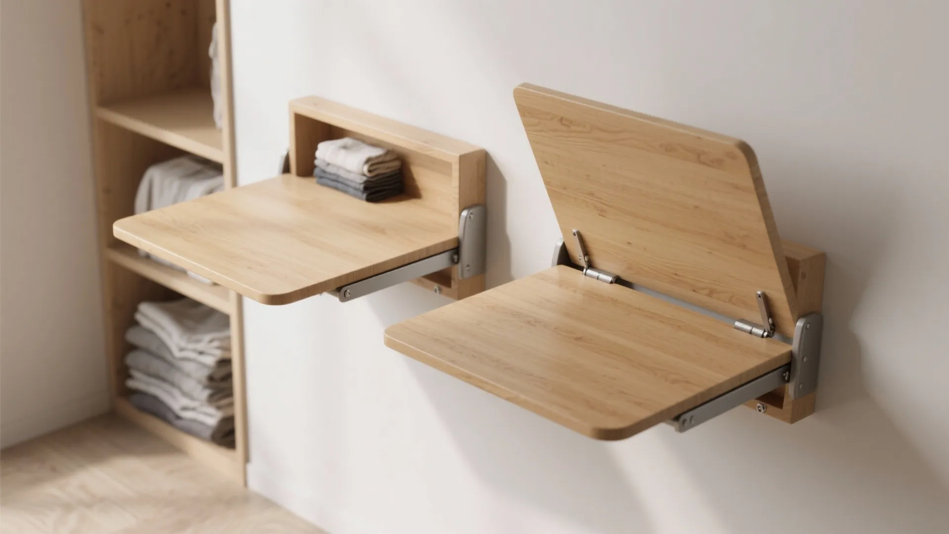 Two wall mounted wooden folding tables for laundry room storage with shelves and folded towels nearby