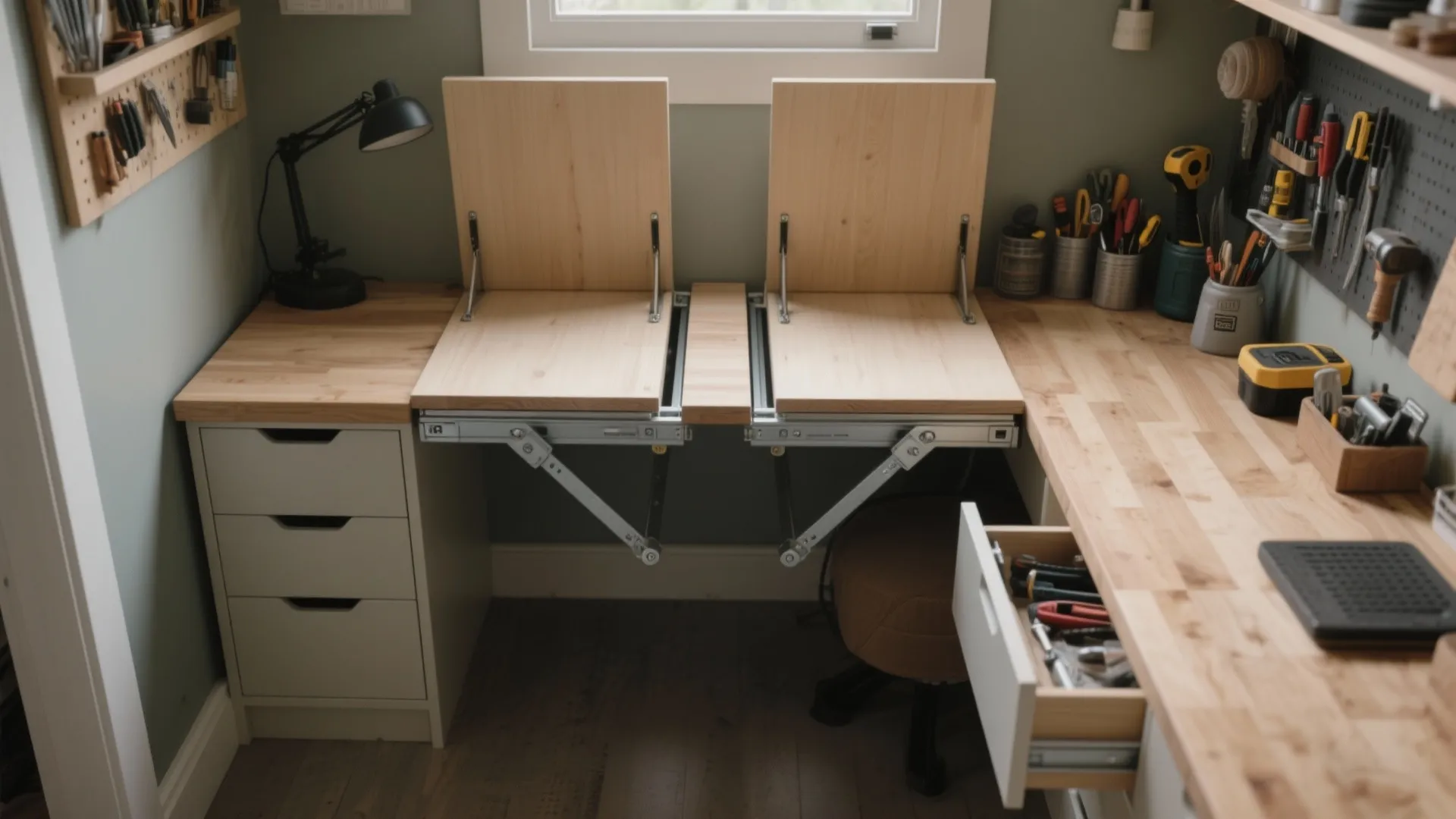 2. Fold-down workbench with hidden storage