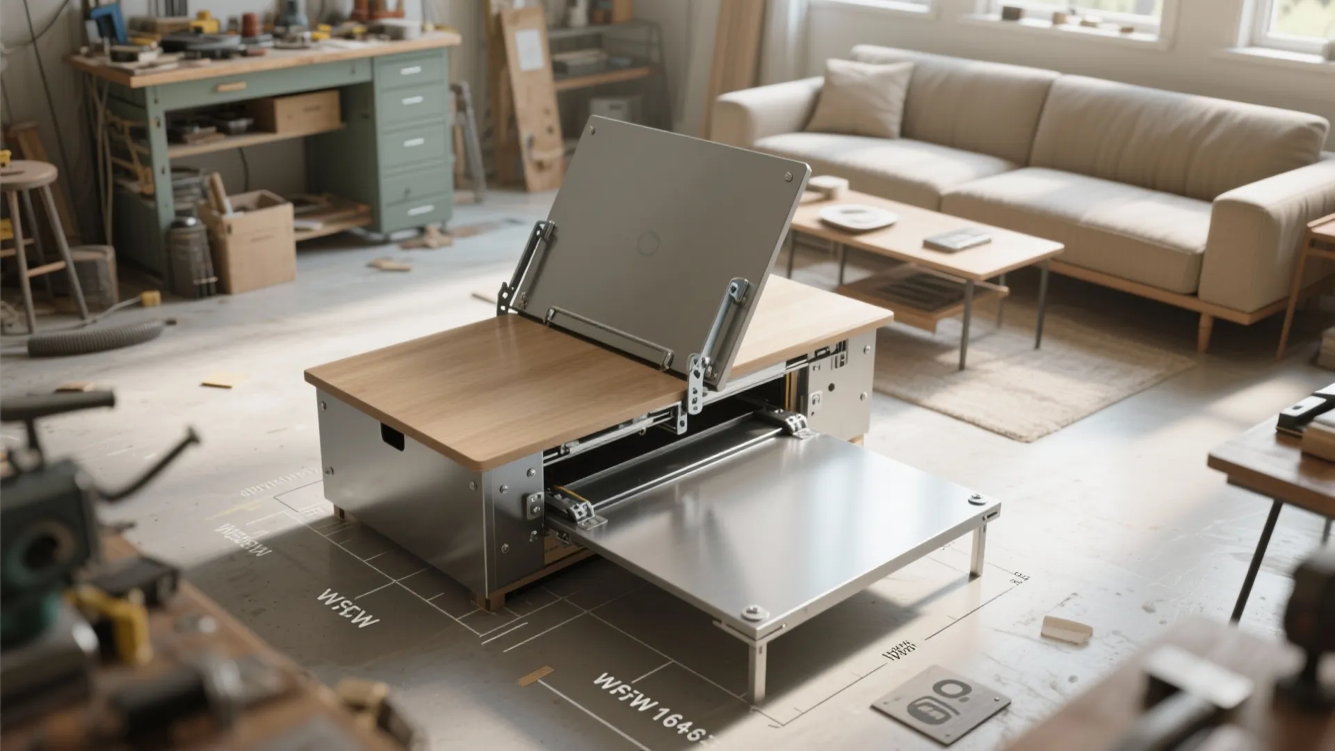 Modern wood and metal fold down coffee table showing adjustable parts in a bright living room