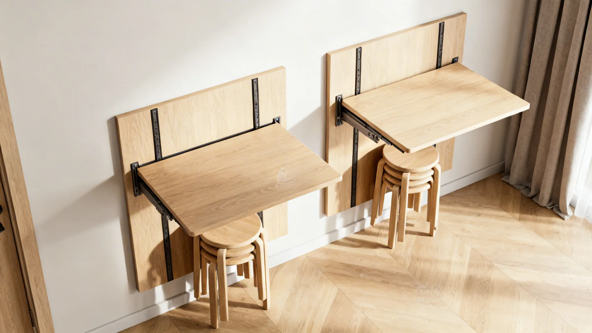 4. Fold-down wall table and stackable stools