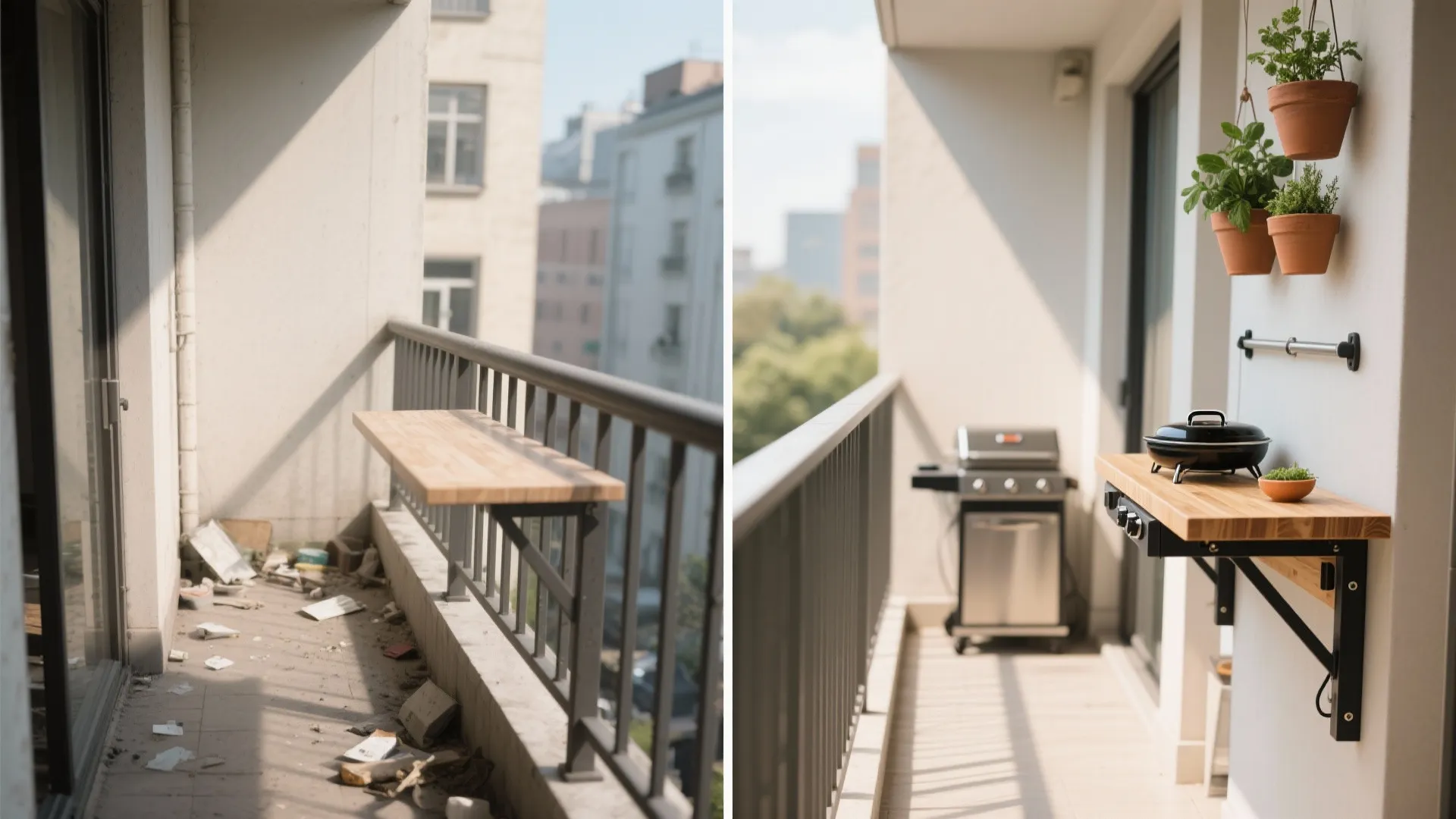 Before and after showing fold-down prep table and hanging pots on a tiny balcony.