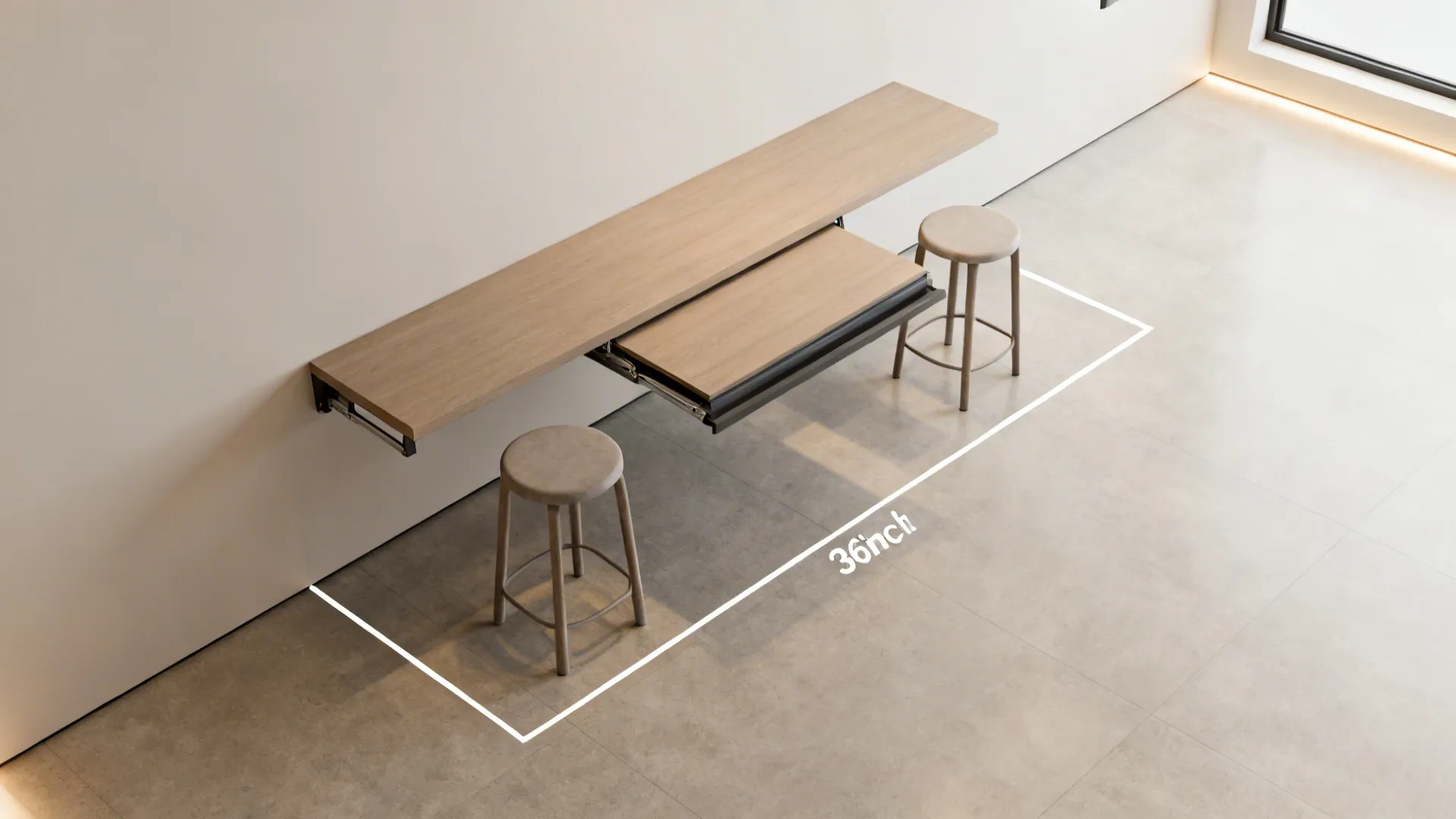 Top-down view of a fold-down table layout with clear circulation space for stools.