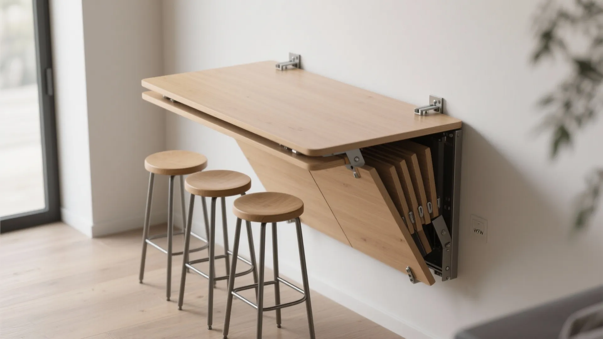 5. Fold-down wall table + stools