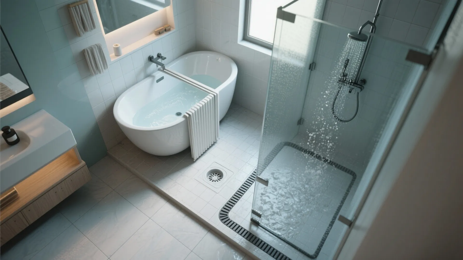 Top view of a bathroom layout with glass shower door white bathtub and wooden vanity