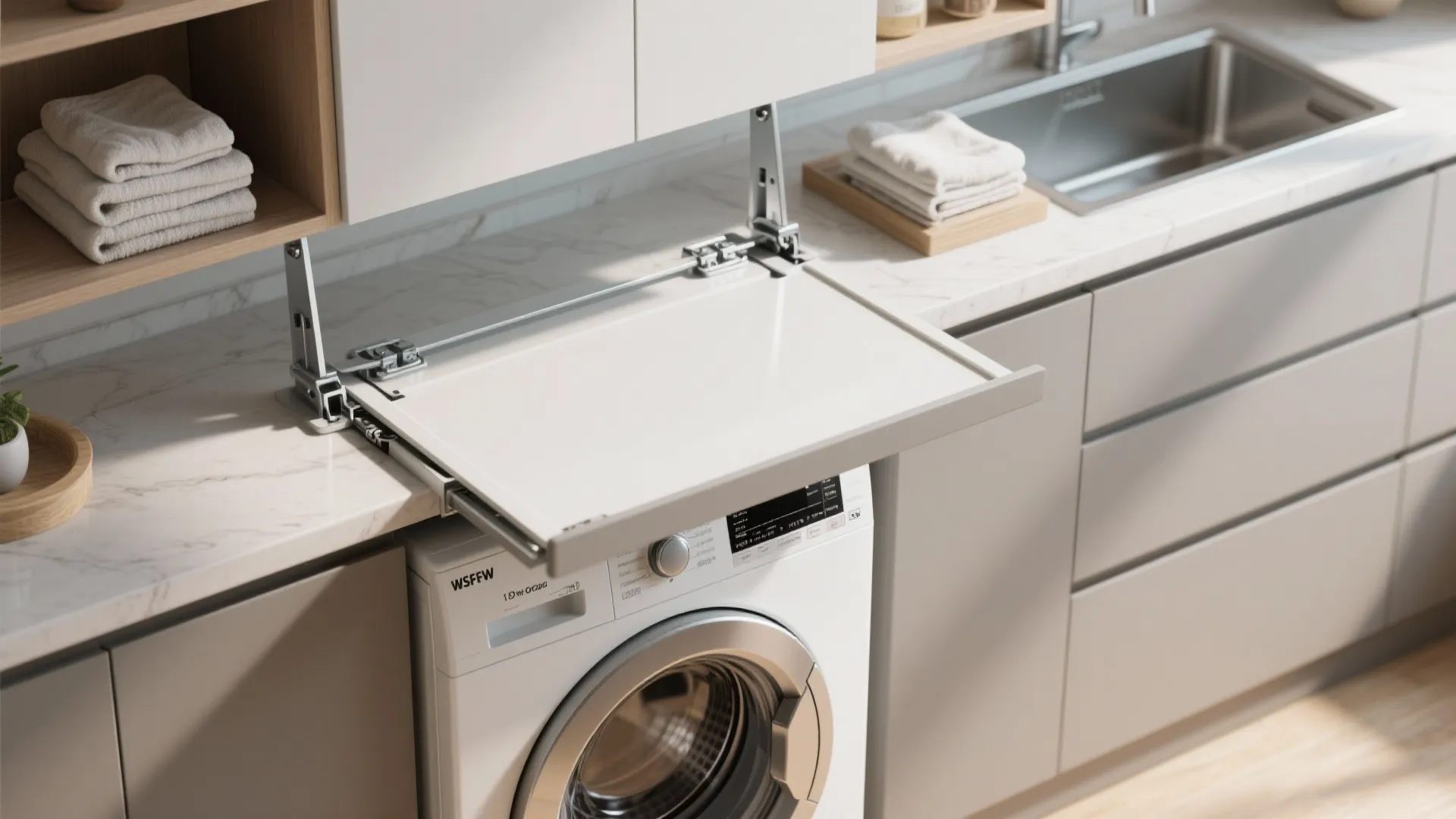 Laundry room layout showing a fold out white table above a front load washing machine