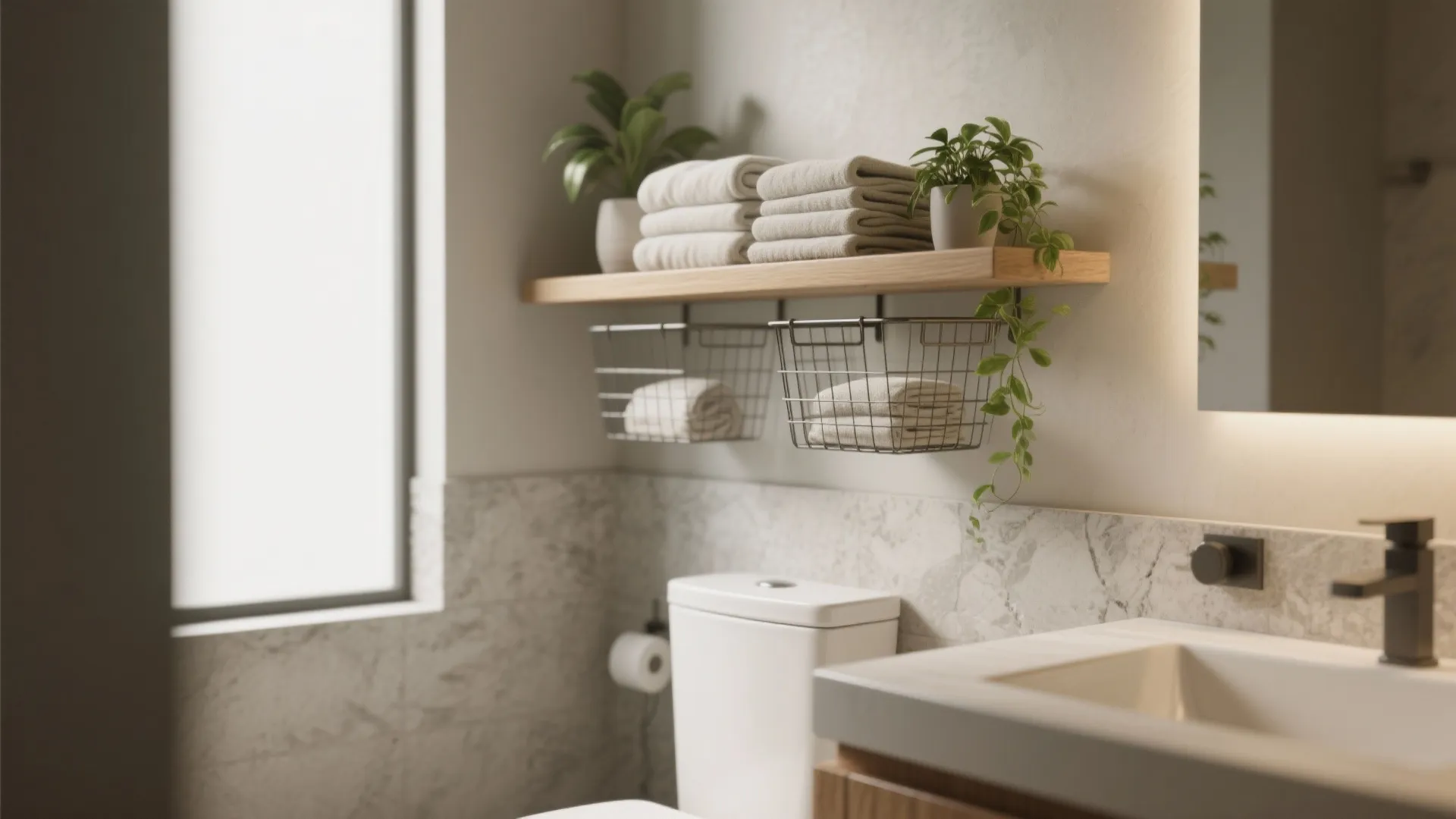 Modern bathroom storage design with wooden wall shelf wire baskets folded towels and green plants
