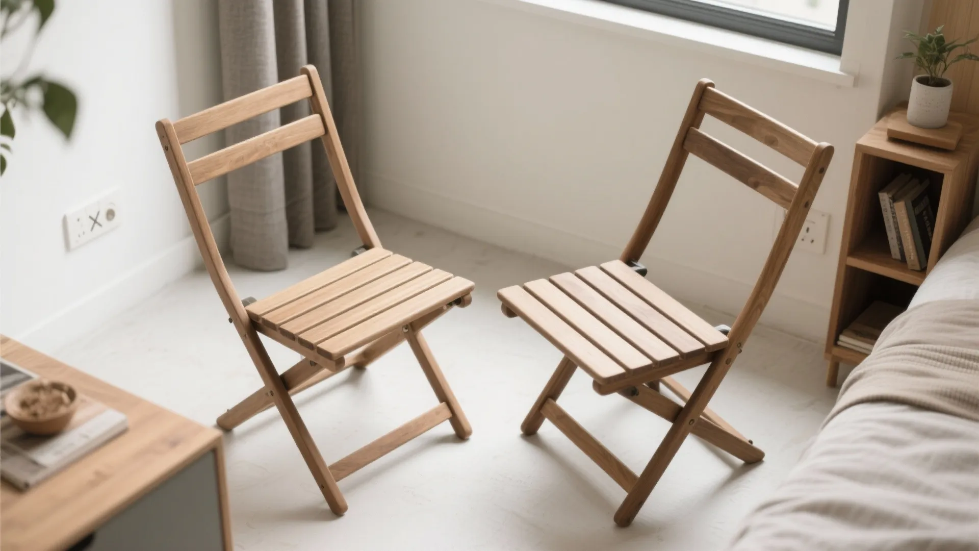 Two wooden folding chairs placed in a bright bedroom near a window and side table cabinet