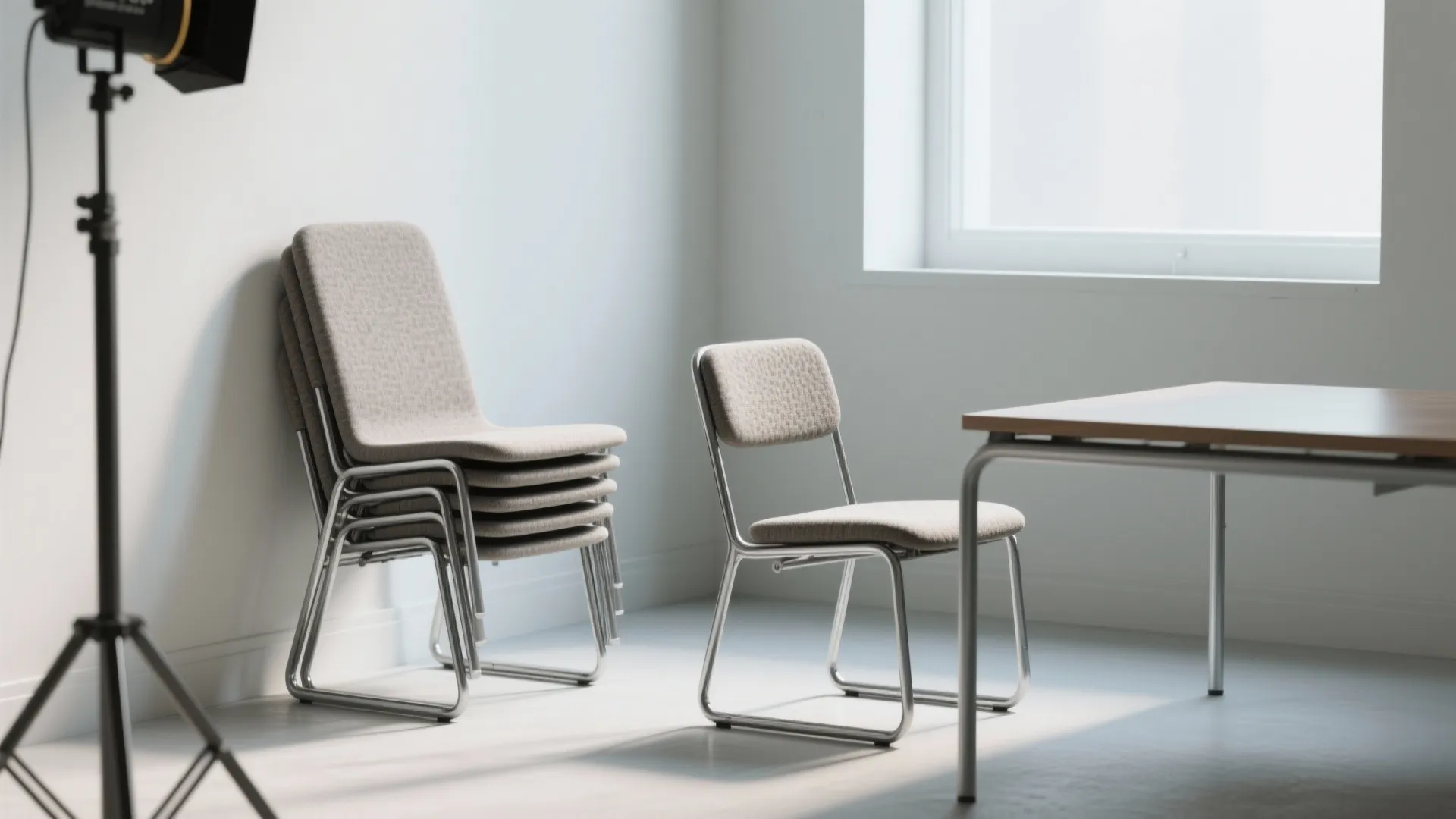 Chic folding accent chair shown both folded against a wall and open at a small table in a studio.