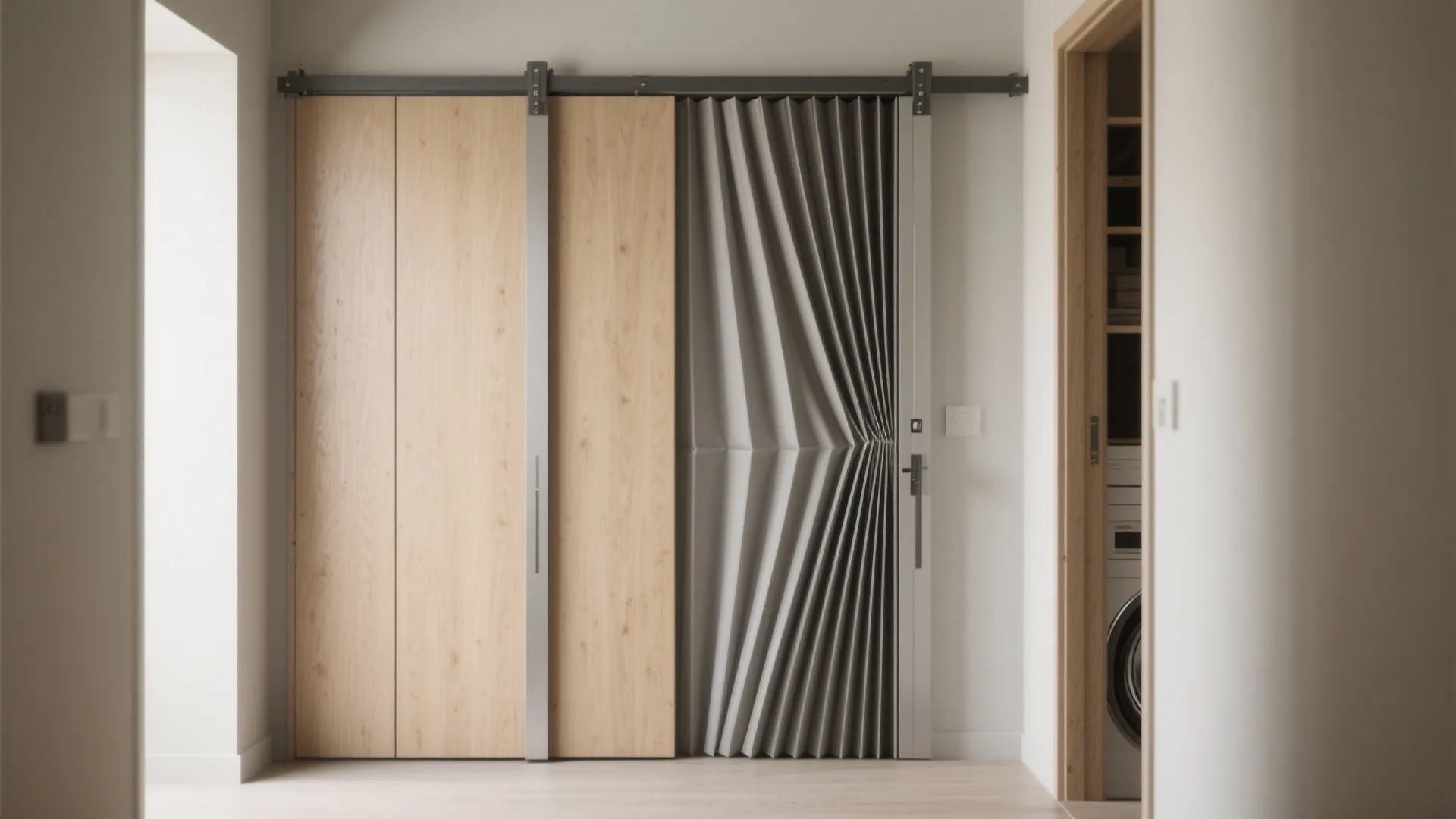 Grey folding accordion door next to light wood sliding panels in a modern bright room