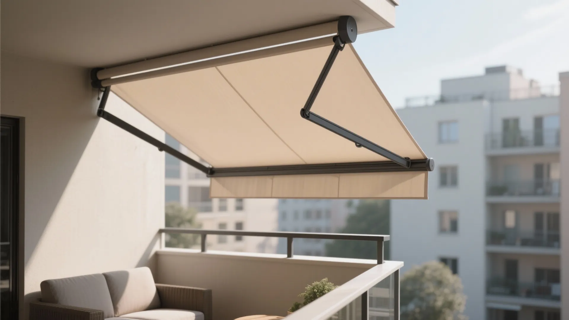 Modern apartment balcony with a cream retractable sun shade and comfortable sofa for outdoor relaxation