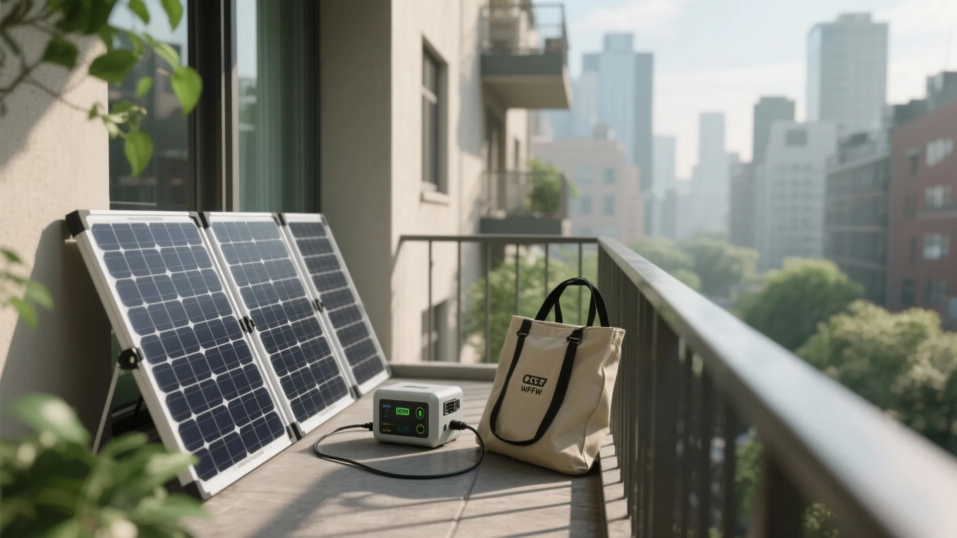 Portable solar panels leaning against a balcony railing next to a power station and bag