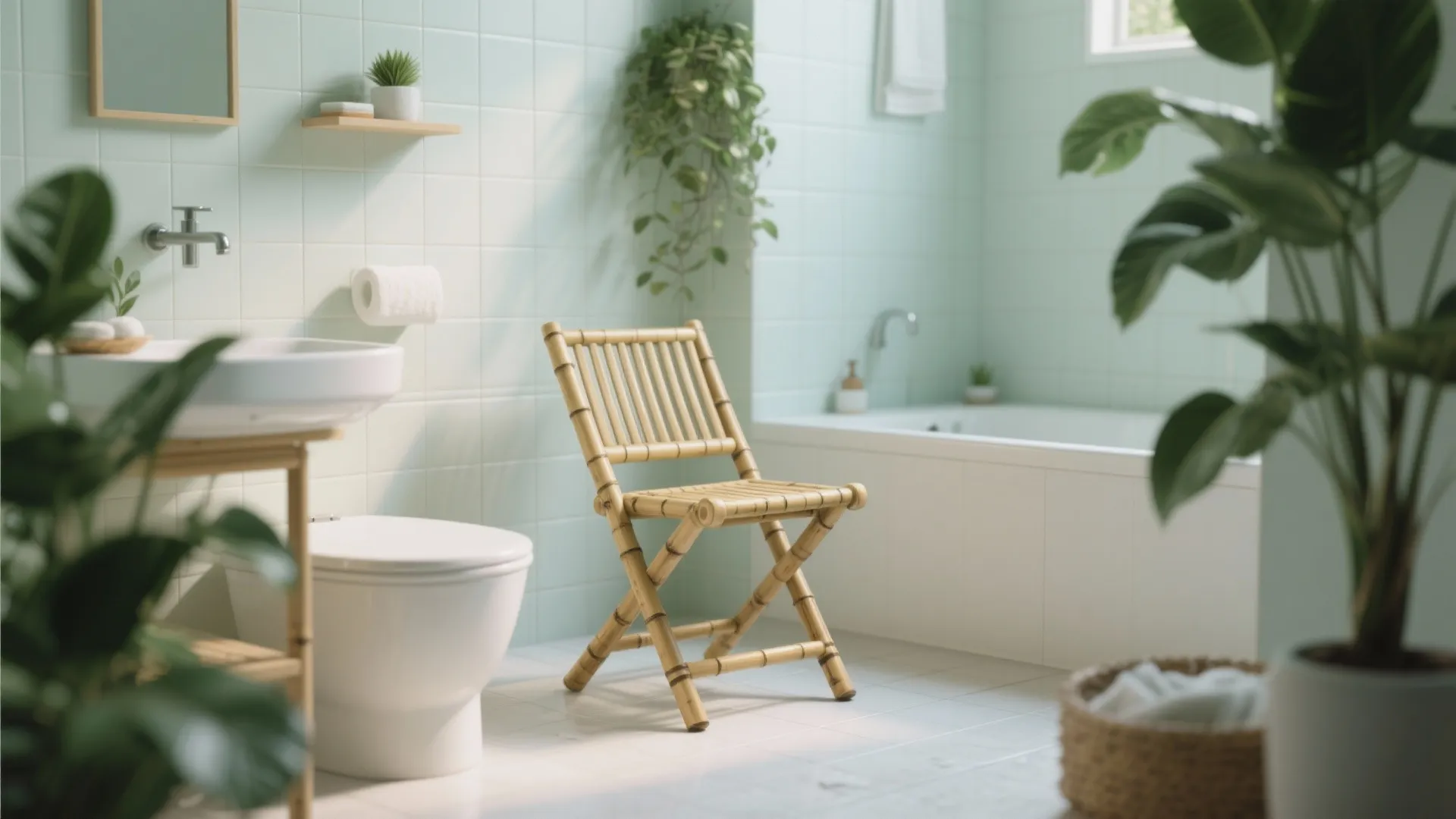 Modern light green bathroom with folding bamboo chair next to a white toilet and bathtub