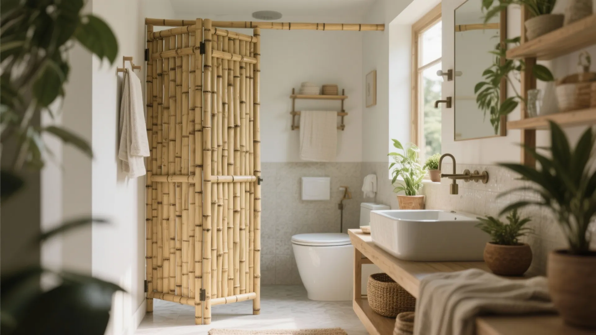 Folding bamboo gate used as a room divider in a bright bathroom with wooden cabinet