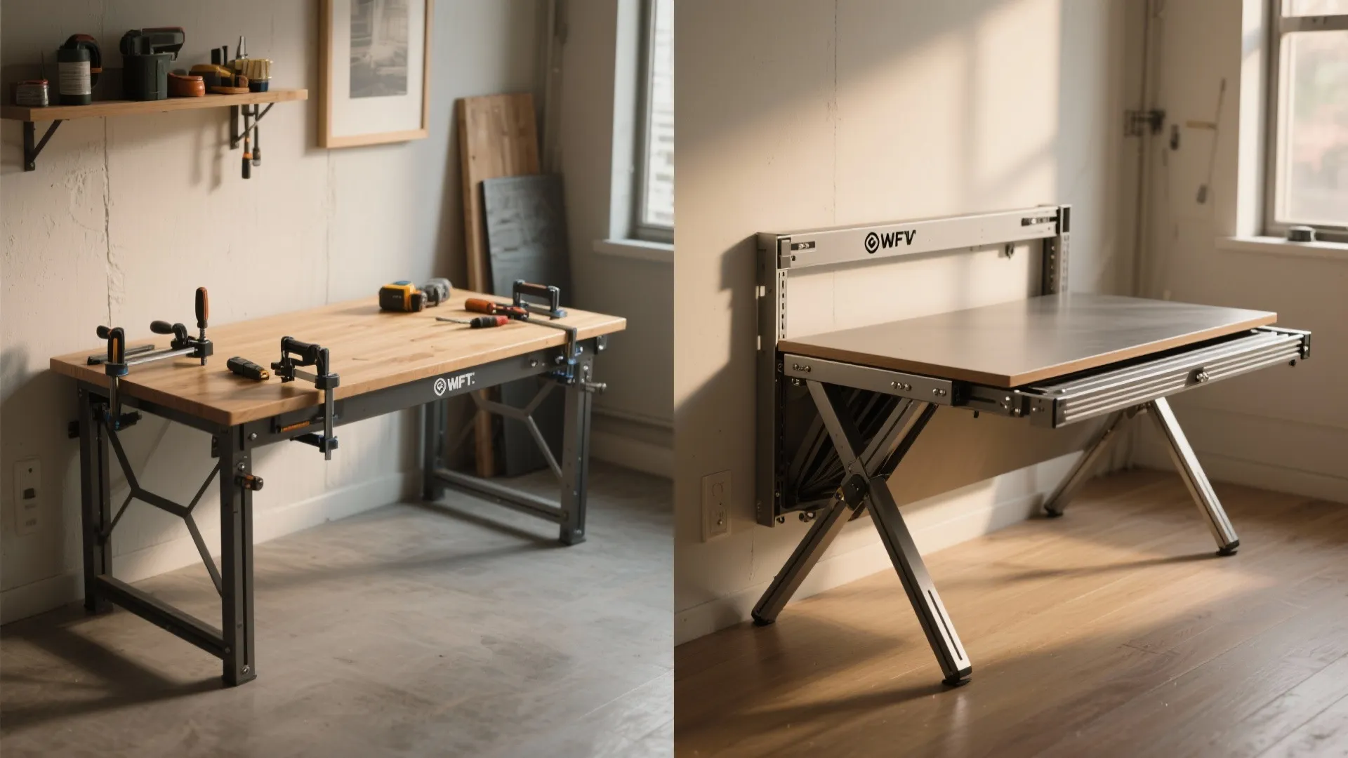 Side by side comparison of a wooden workbench with tools and a folding metal desk
