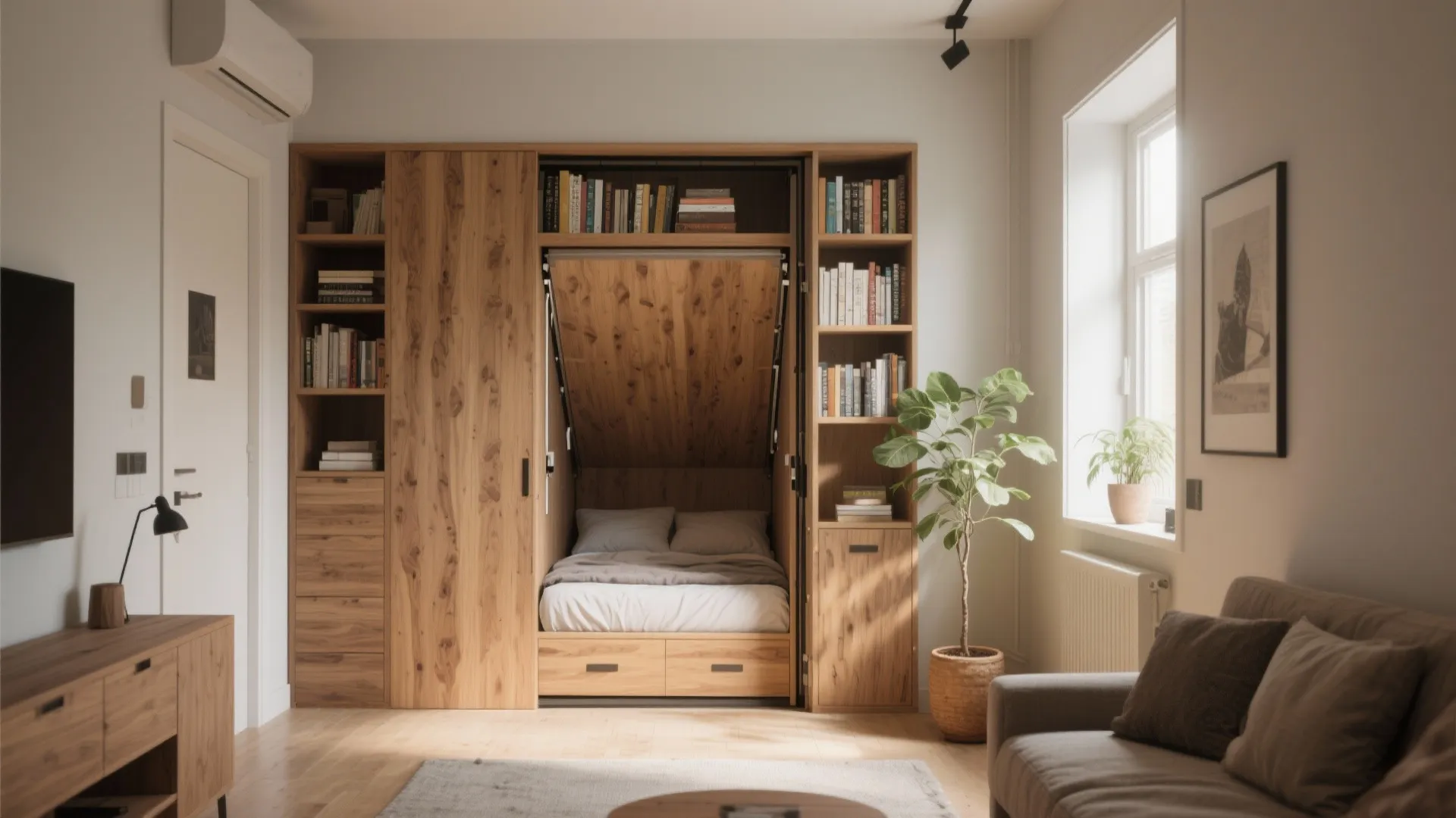Small studio apartment featuring a wooden wall cabinet with a hidden fold out bed design