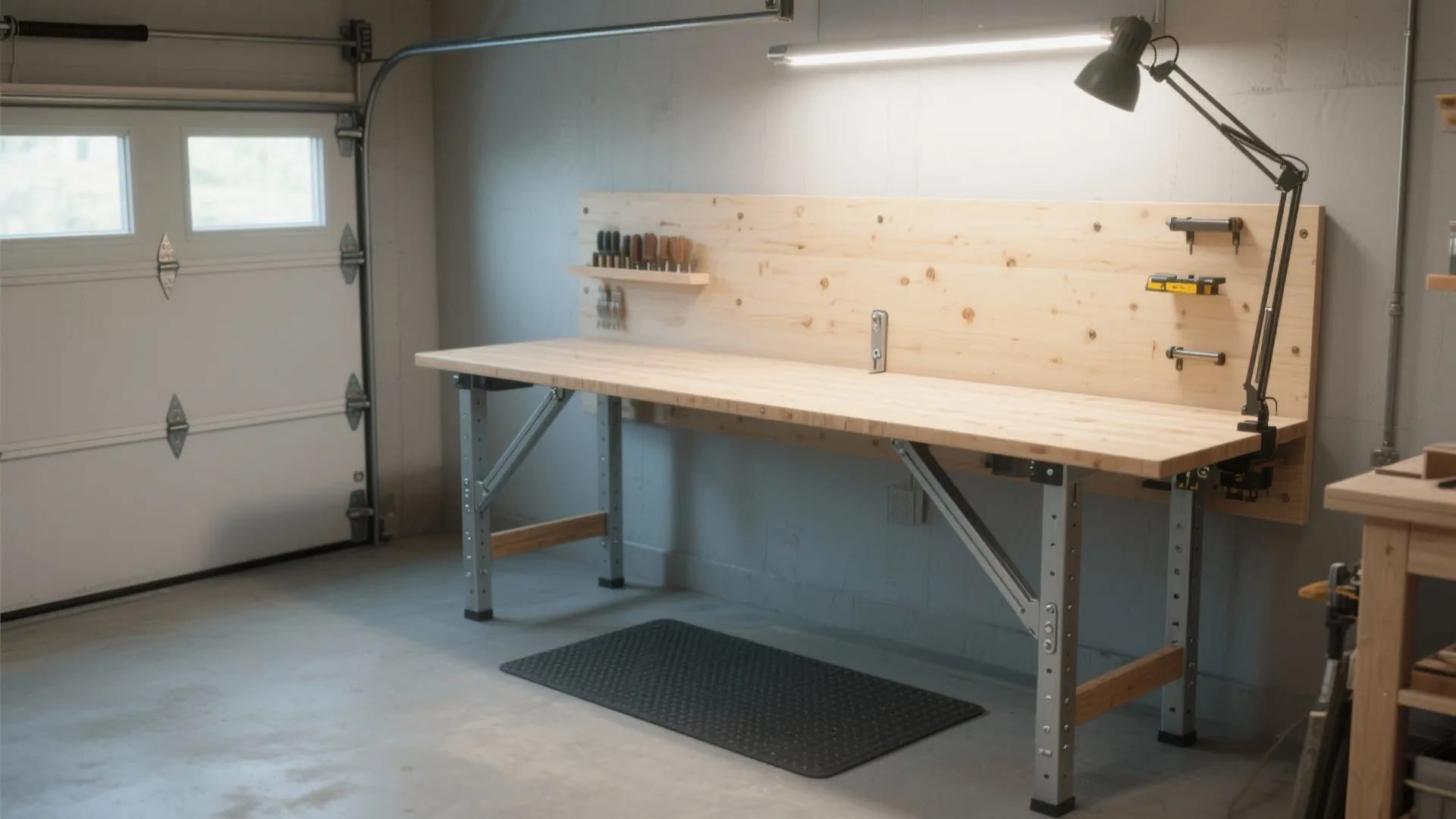 Wooden workbench with metal legs in garage beside white door with light and many tools