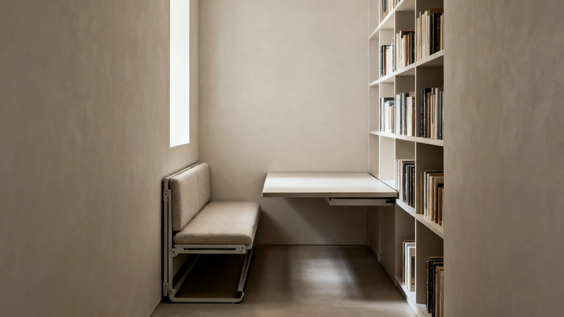 Folding bench with a narrow table in a galley dining nook, clean and minimal.