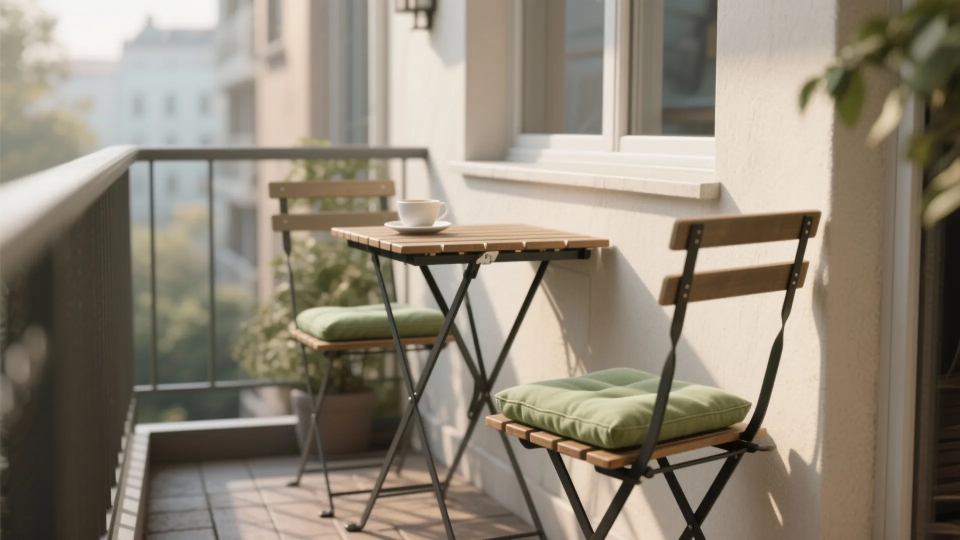 Outdoor balcony featuring a wooden folding table two chairs with green cushions and a coffee cup