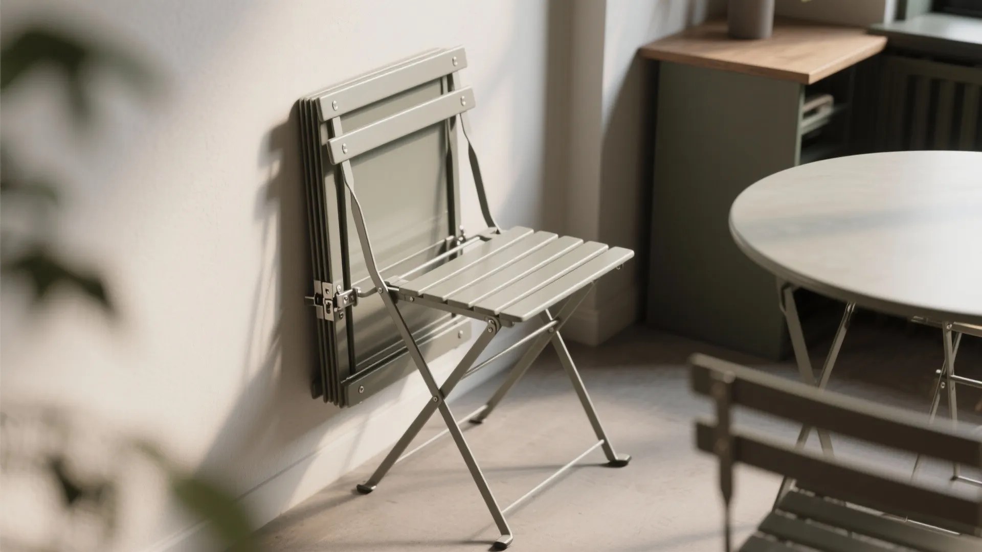 Green metal folding chairs and round table placed against a white wall in bright room