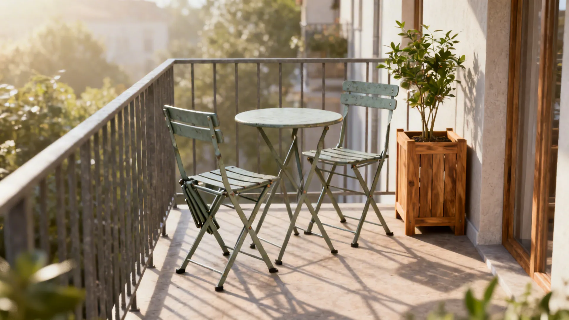 Small balcony with two green folding chairs round table and a wooden planter box plant