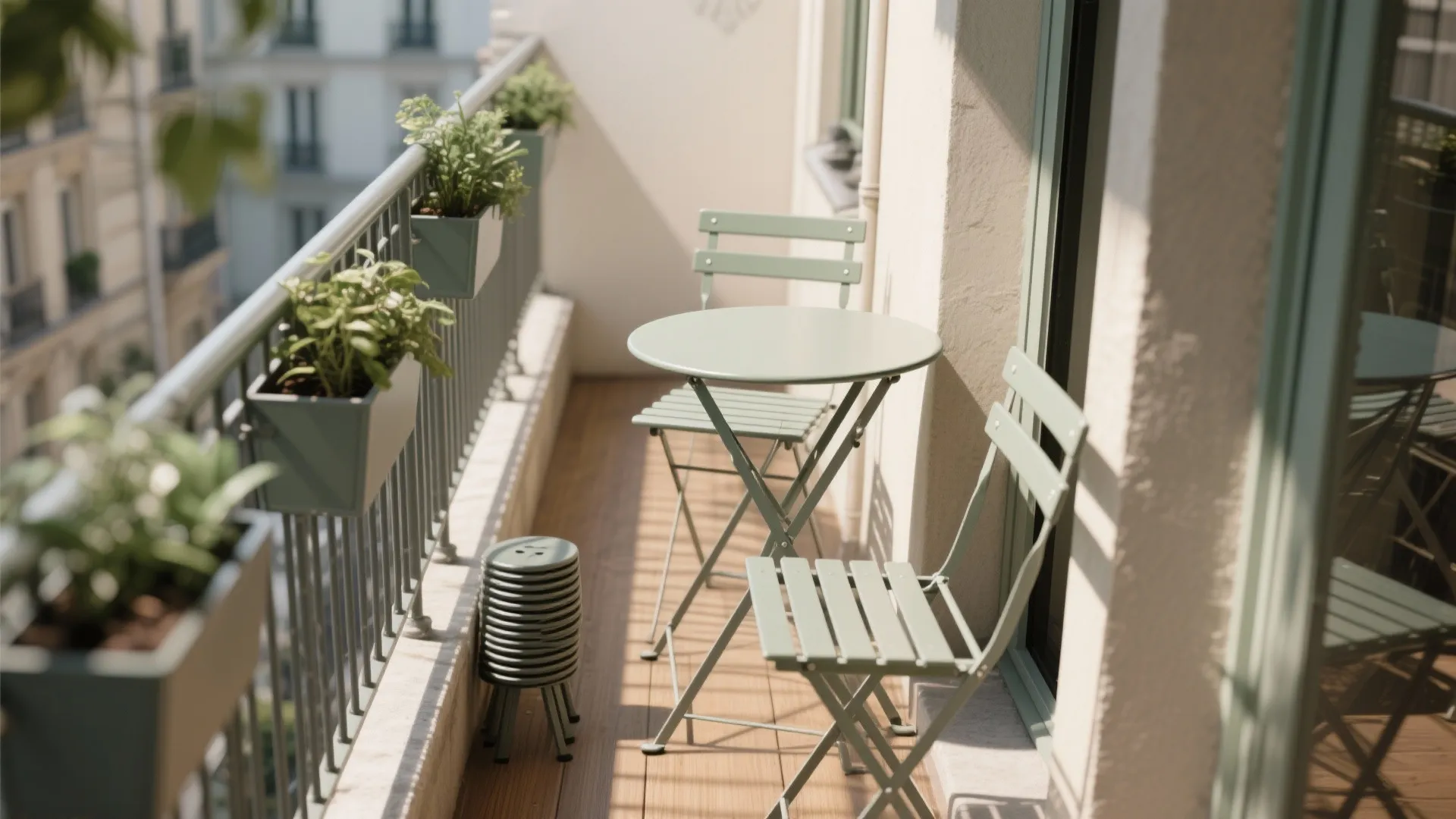 Narrow balcony with powder-coated metal folding bistro set and slim planters, leaving clear walkway.