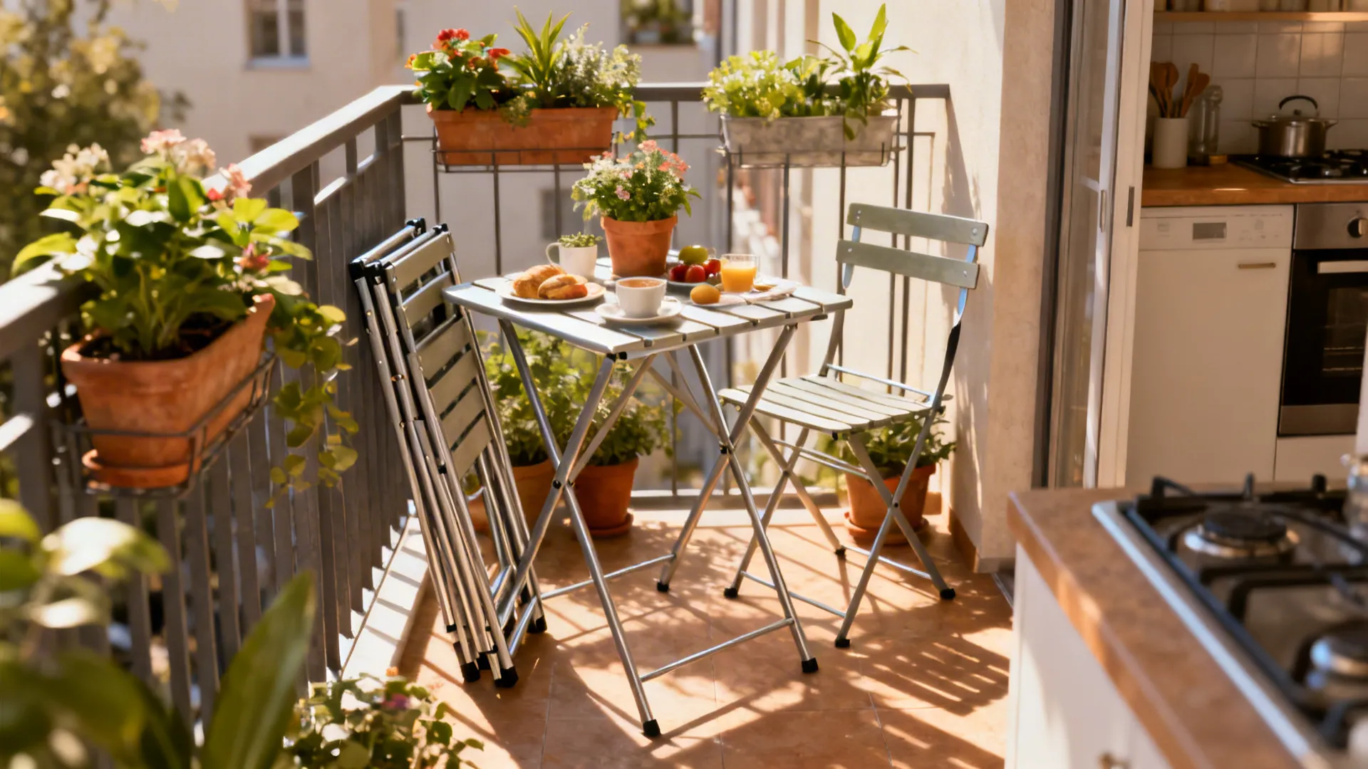 A folding bistro set staged near a compact kitchen and balcony for flexible dining and storage.
