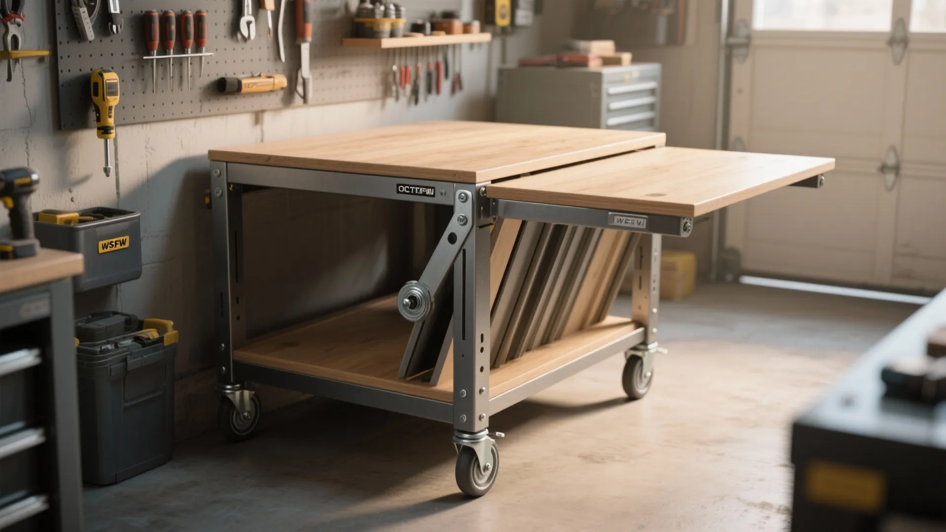 Mobile wooden workbench with folding top and metal frame on wheels in a tidy garage