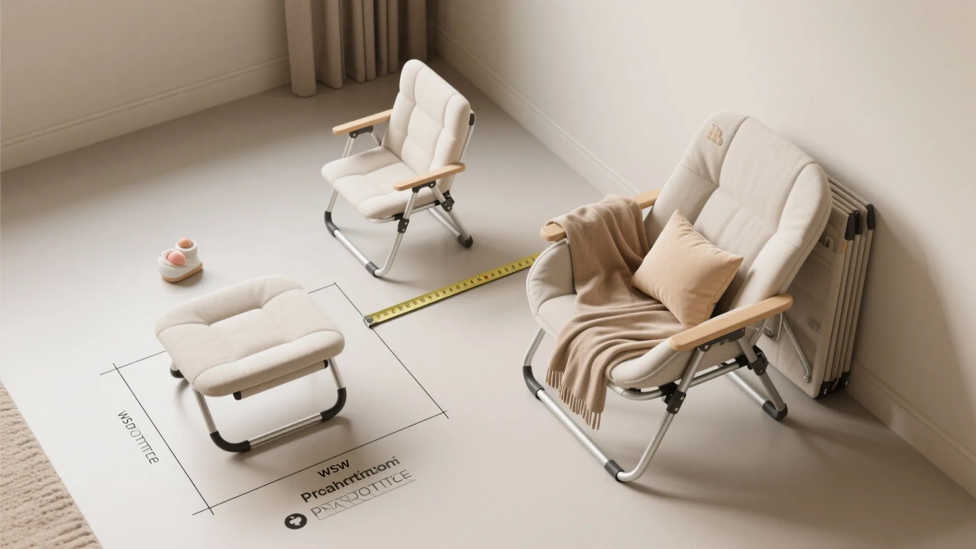 Two cream folding chairs with a footrest measuring tape and technical dimensions on the floor