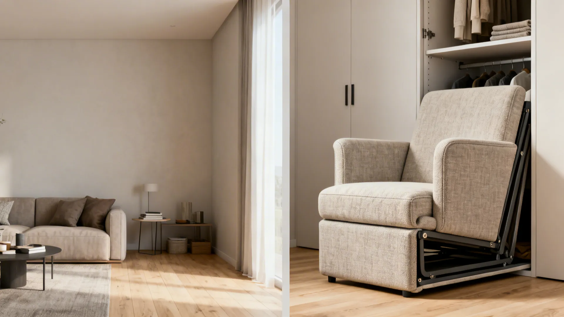 Before and after of a small living room showing a folding accent chair in use and folded flat for storage