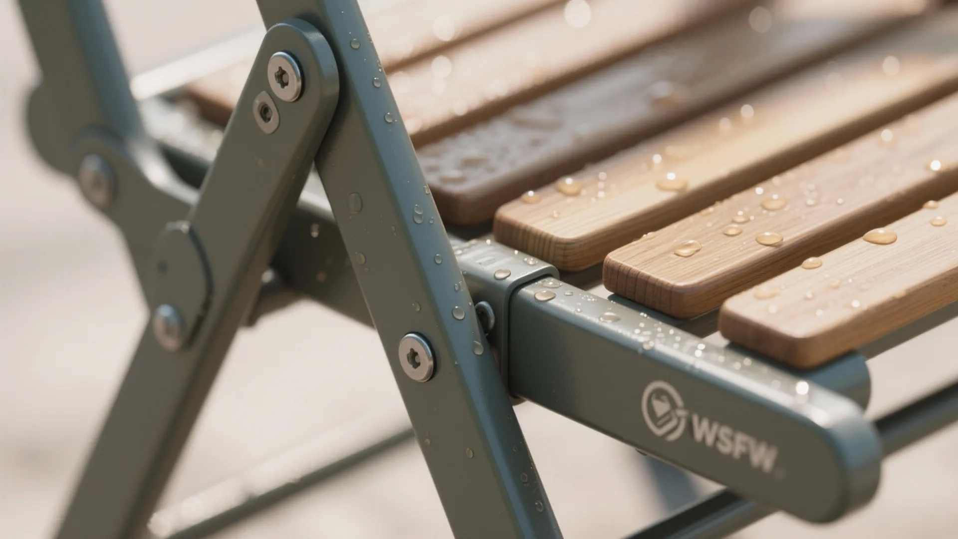 Close up of waterproof metal and wood folding chair with water droplets on the surface