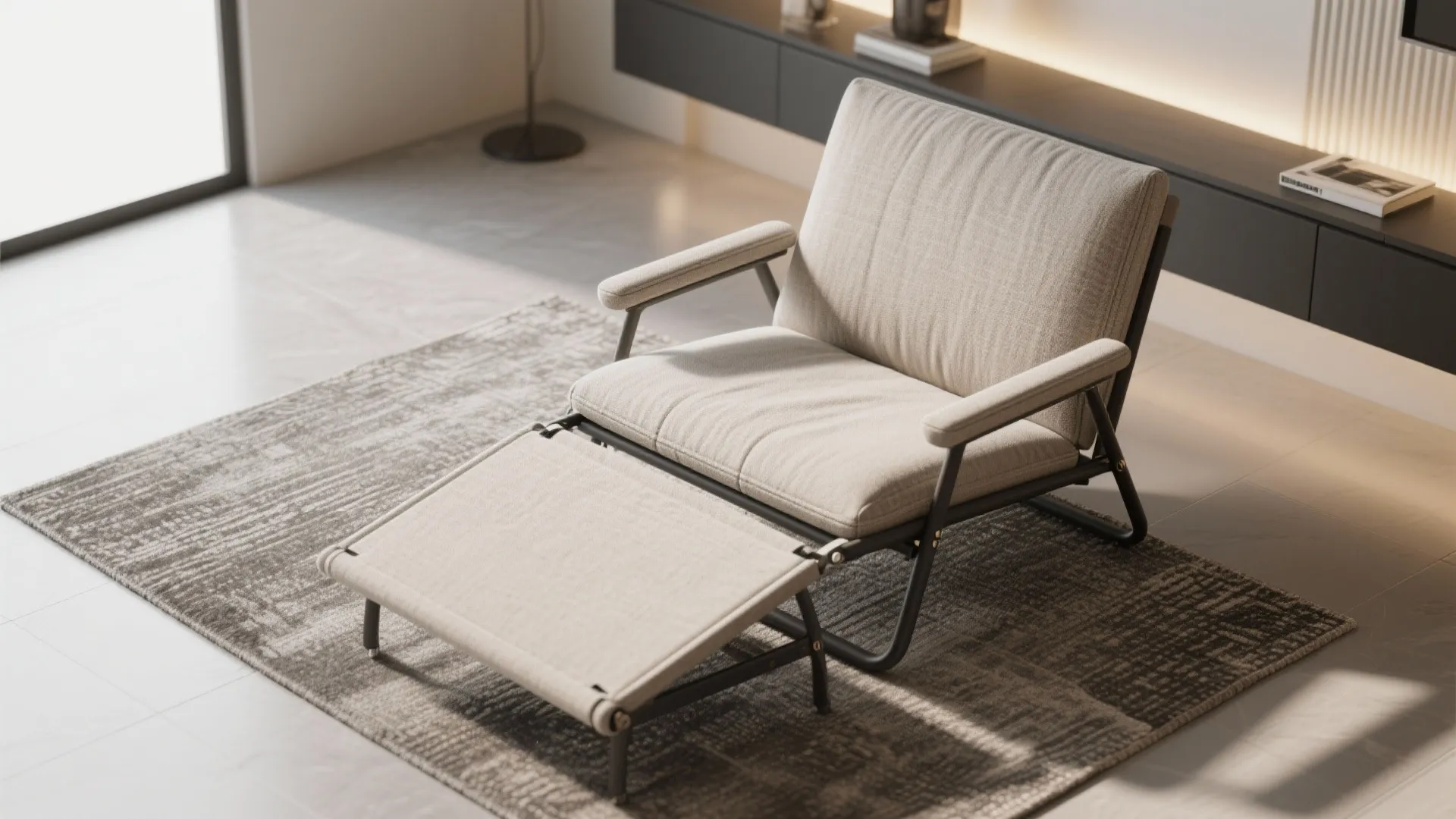 Top-down flatlay of a folding upholstered chair showing hinge and fabric details