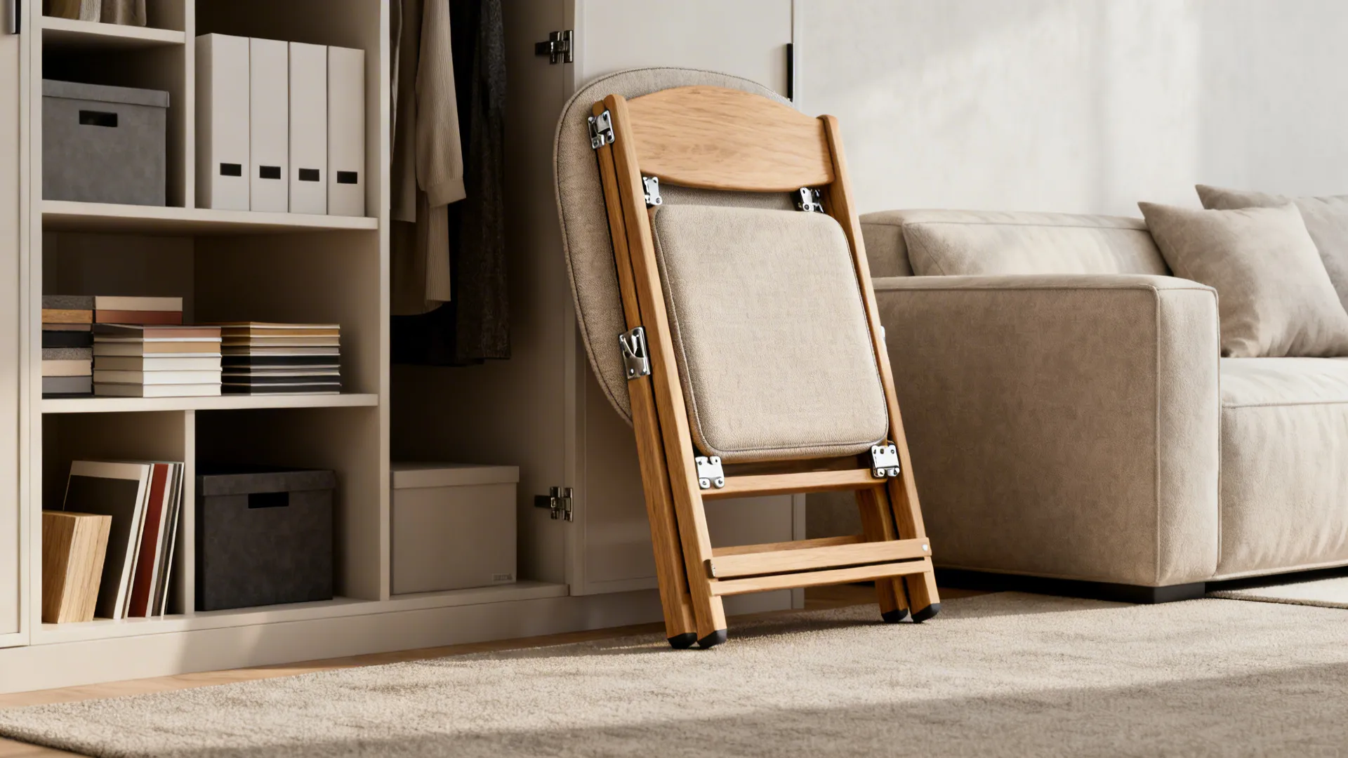 Flatlay showing a folded stylish accent chair, storage closet, and material swatches.