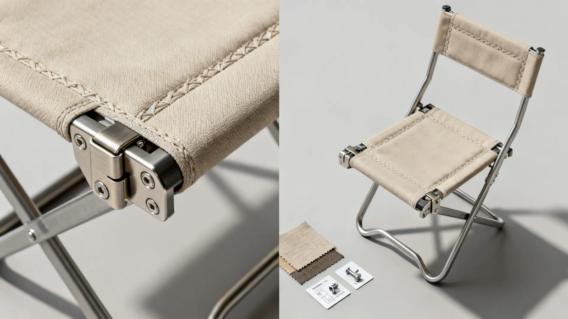 Flatlay of a padded folding chair shown folded and open with upholstery and hinge detail.