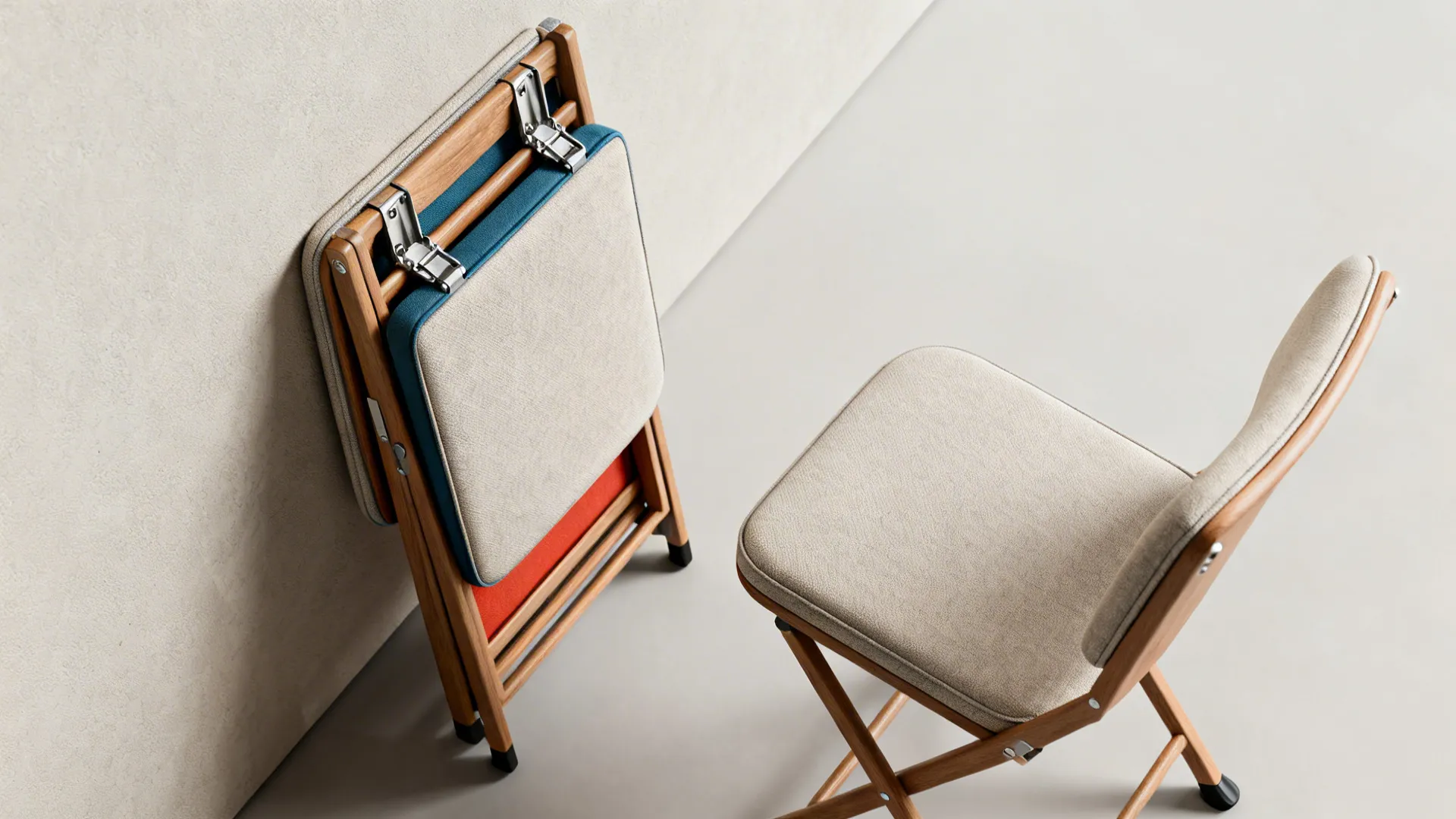 Padded folding chair both folded and open, showing hinge hardware and compact storage.