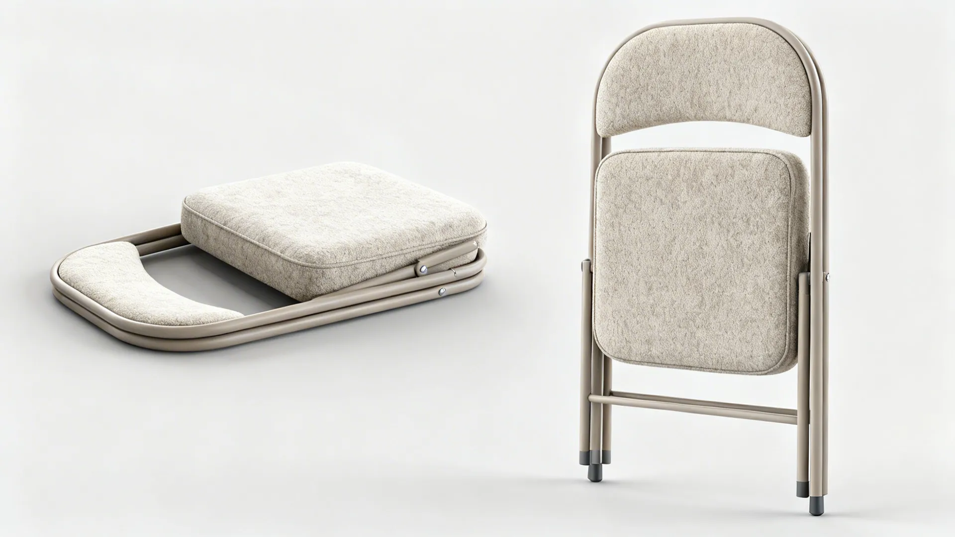 Modern beige fabric folding chair displayed in both open upright and closed flat storage positions