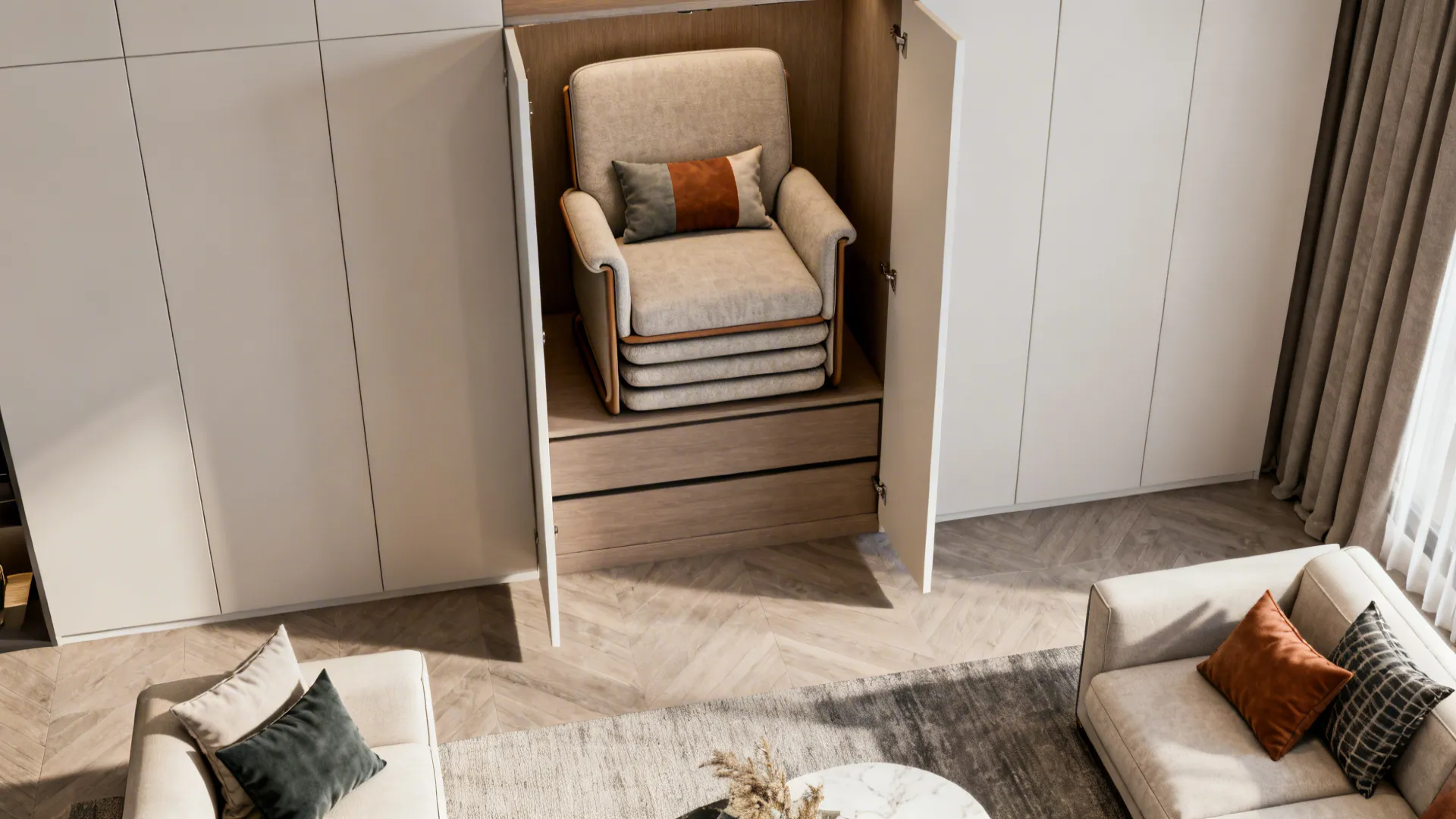 Folding chairs stored in a closet and set up with cushions in a living room for guests.