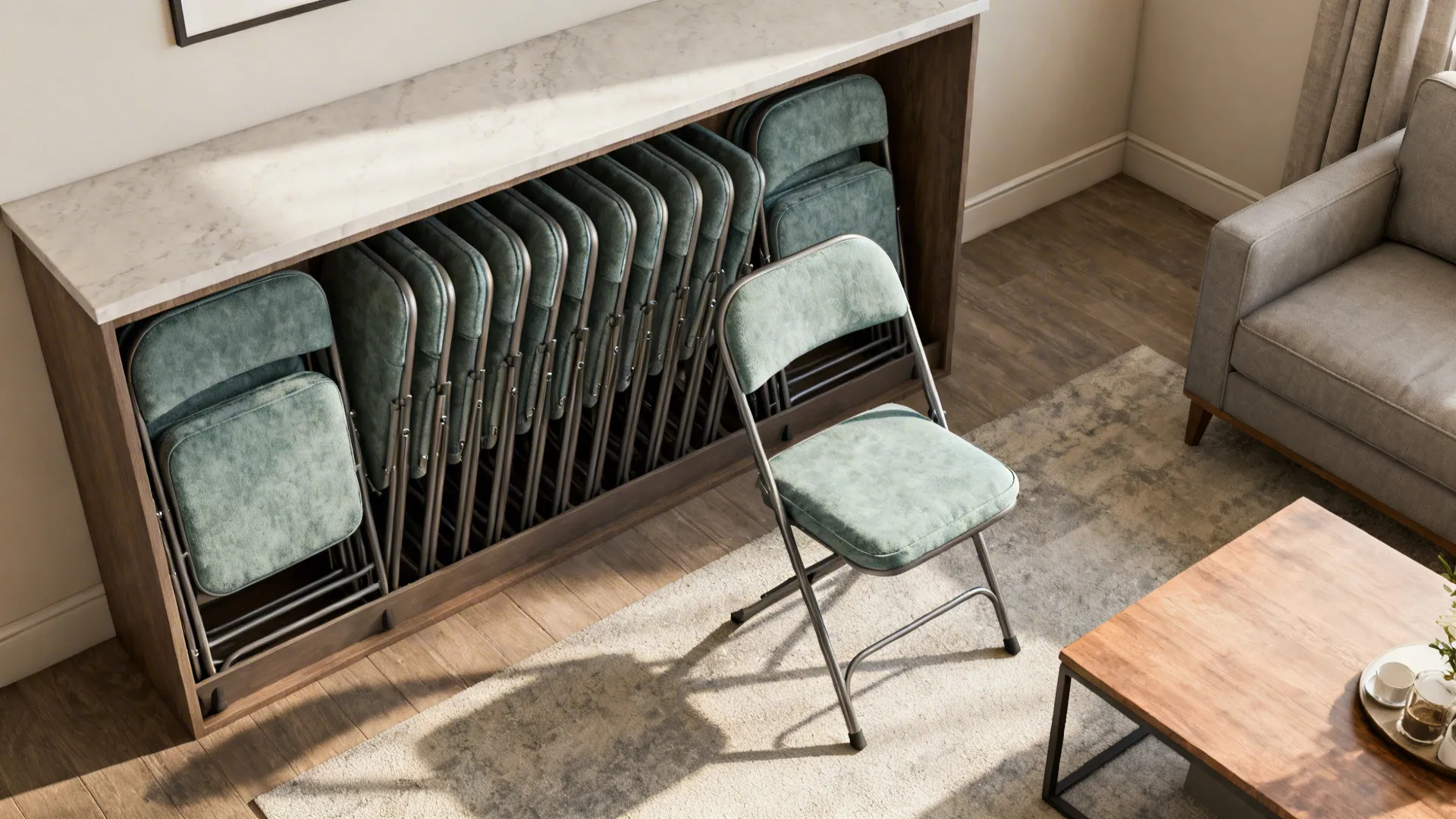 Top-down staged living room showing folded padded chairs stored behind console and one unfolded for guests.