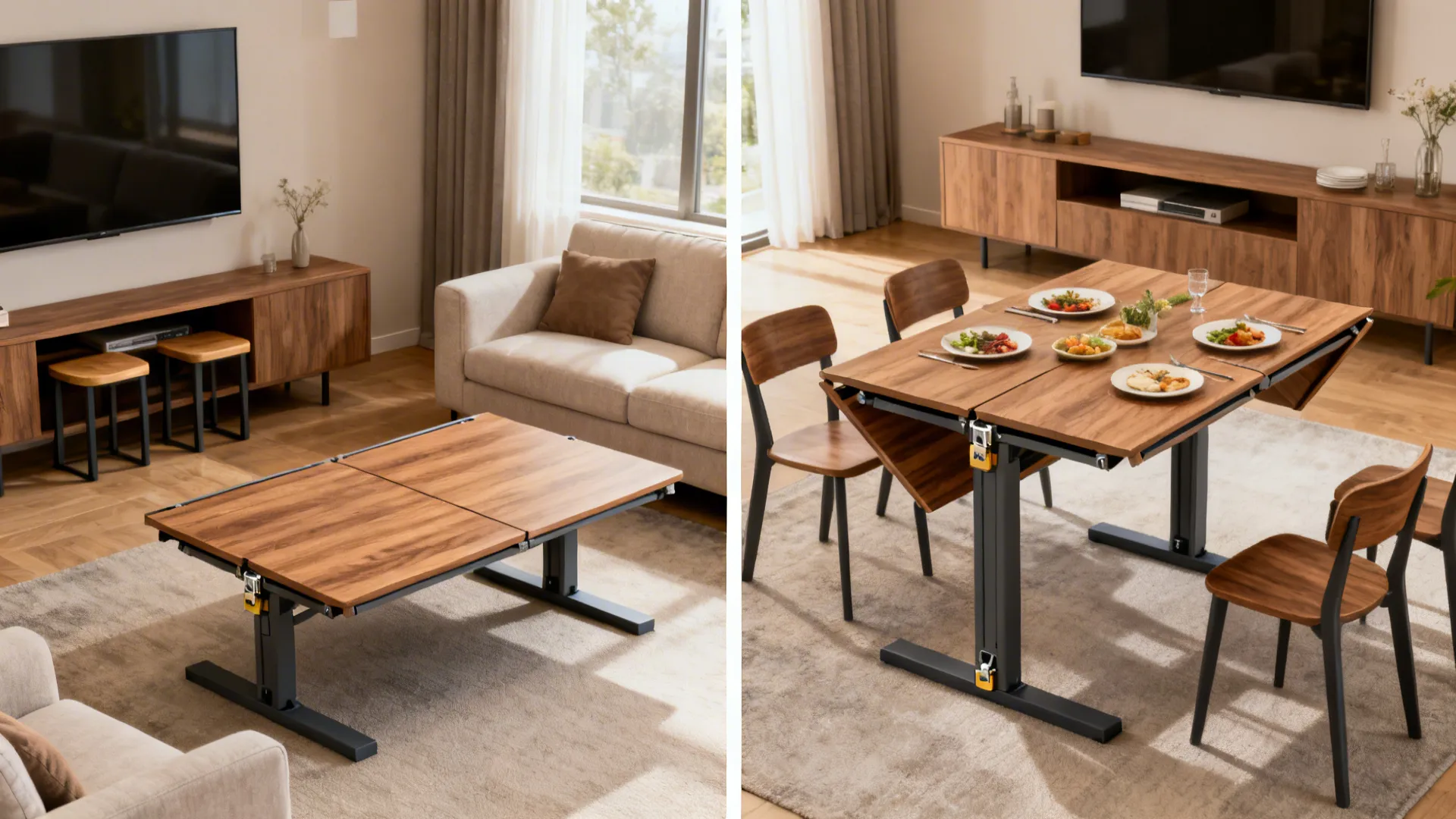 Convertible table shown as a low coffee table and raised as a dining table in a studio.