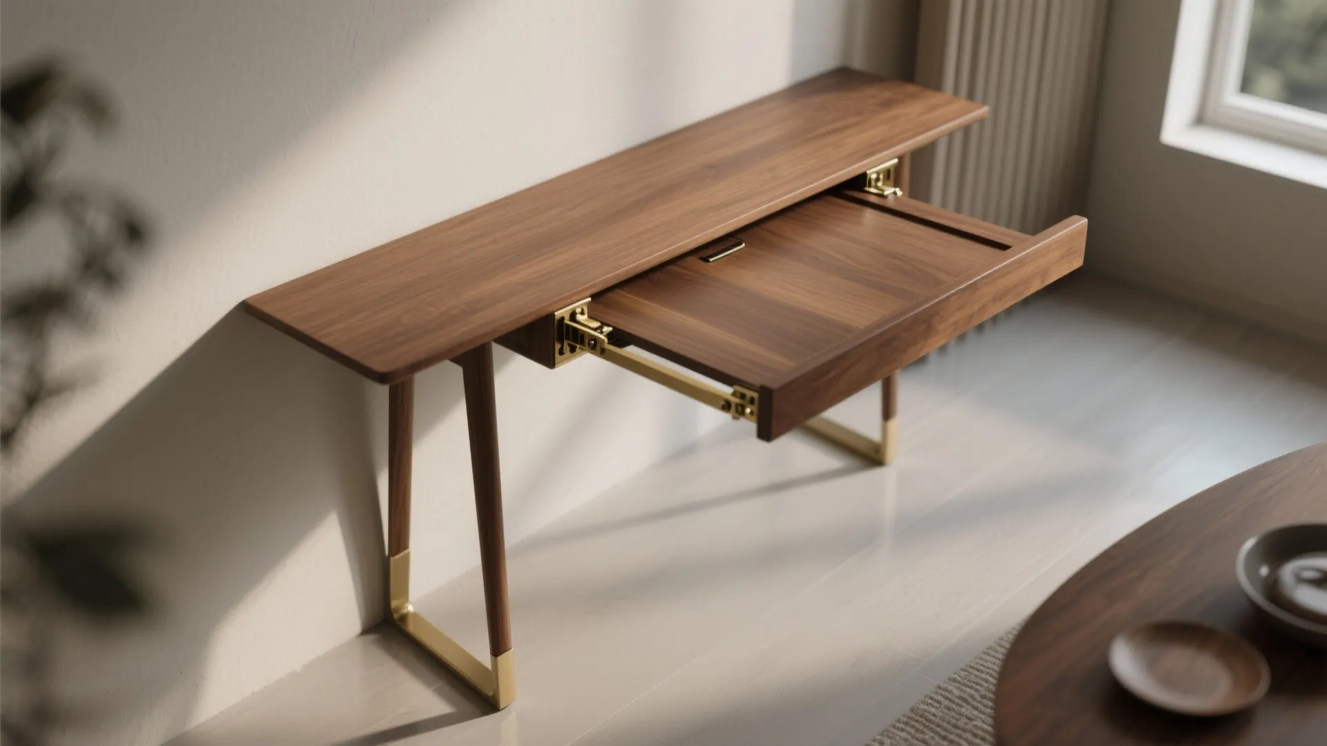 Narrow console table unfolding into a serving station, shown top-down to illustrate saved footprint and extended surface.