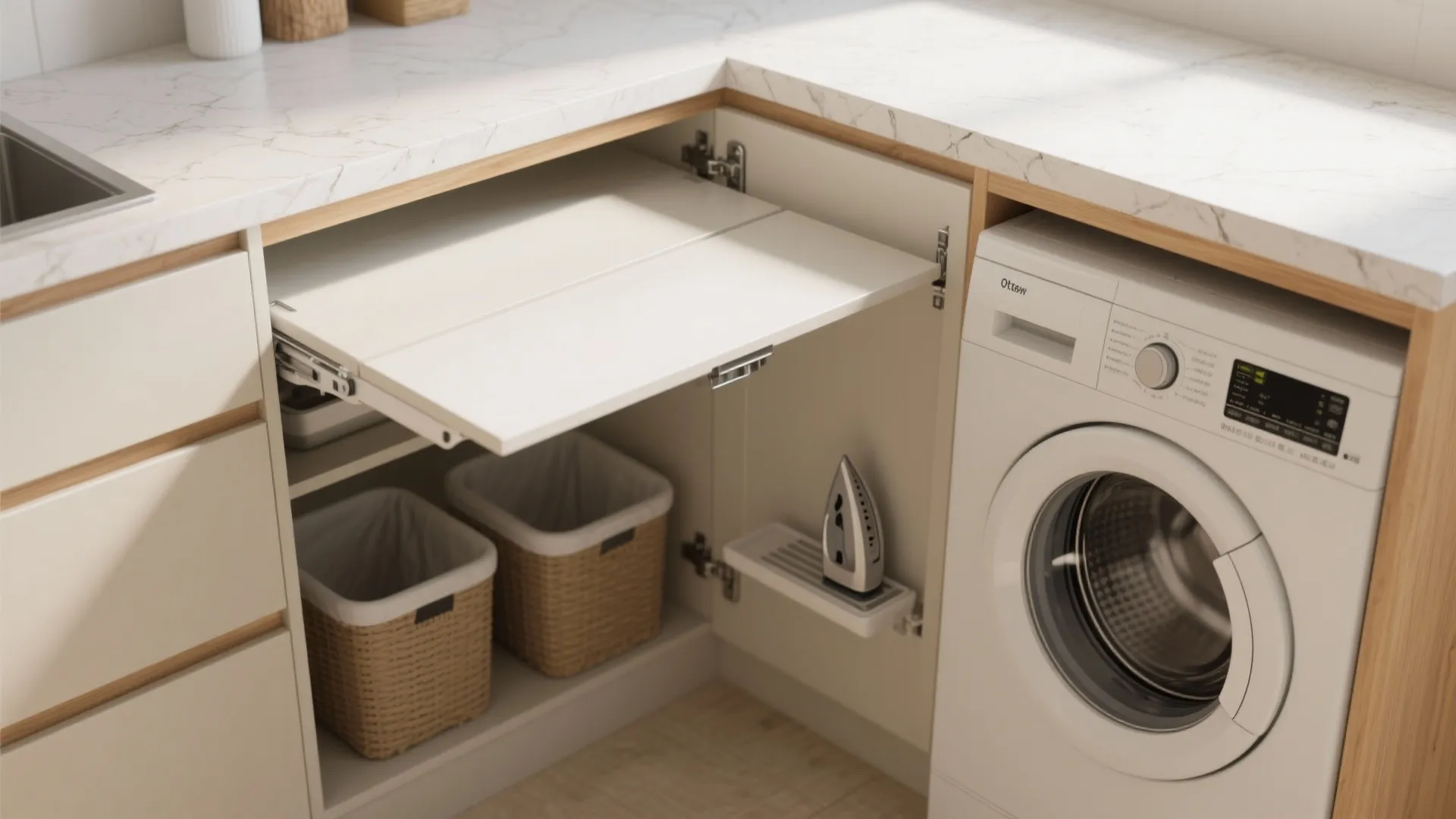Modern laundry area featuring white cabinet with pull out folding table beside a washing machine